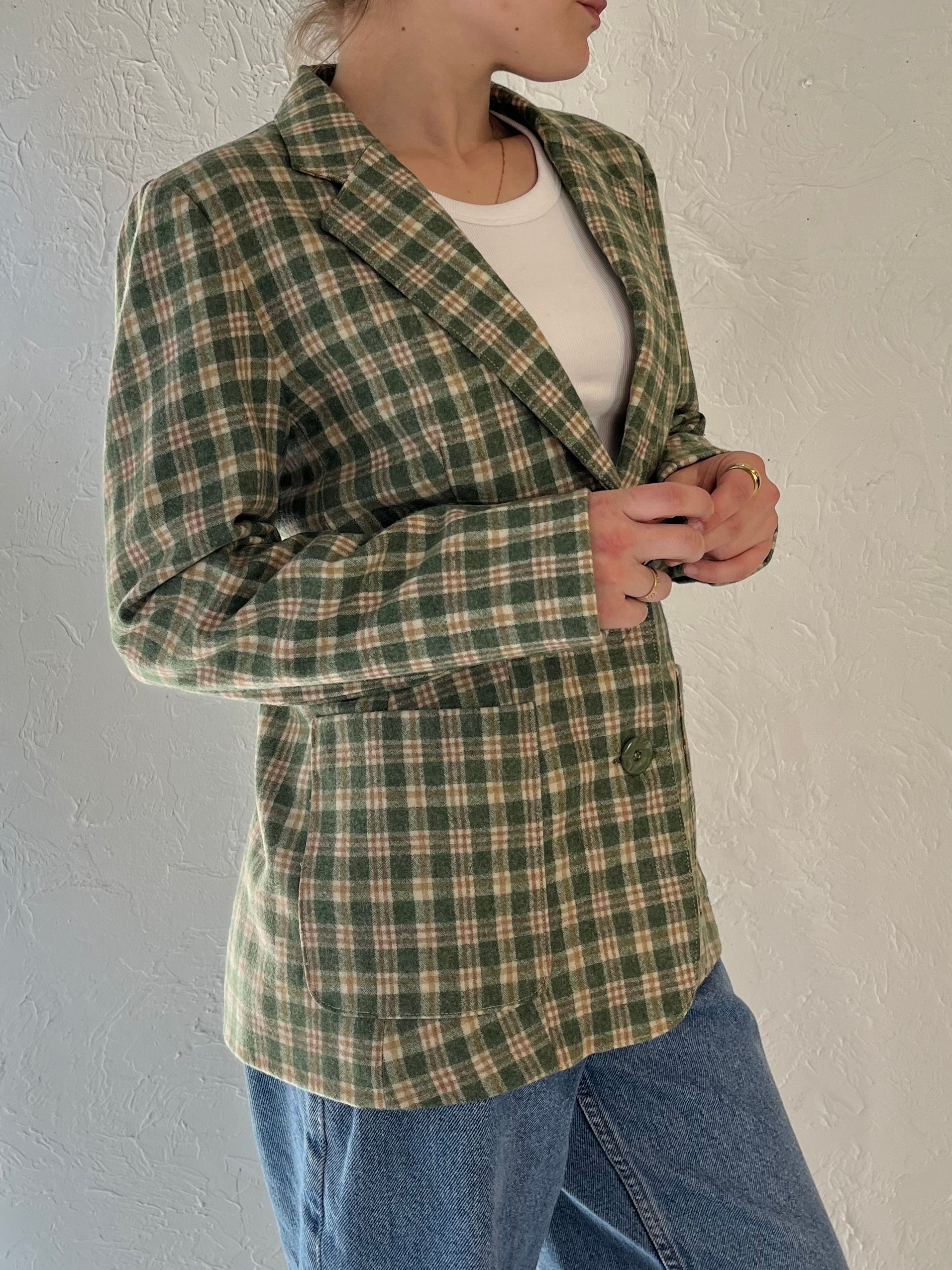 Vintage Green Plaid Knit Blazer Jacket / Small