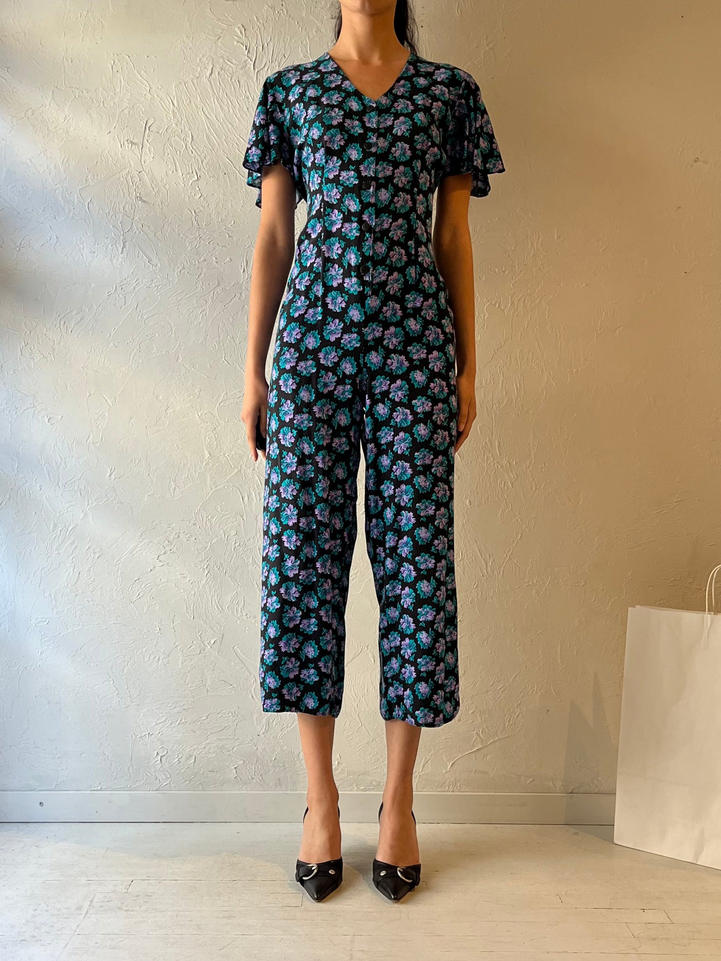 90s ‘Creme’ Blue Floral Jumpsuit / Small - Medium