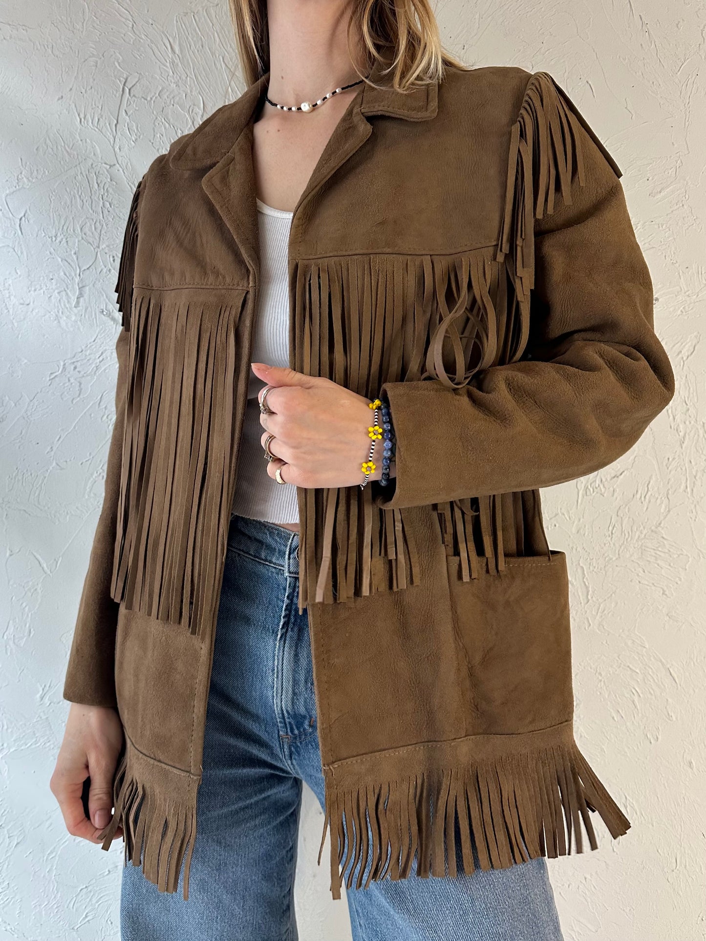 Vintage Brown Suede Leather Western Fringe Jacket / Small