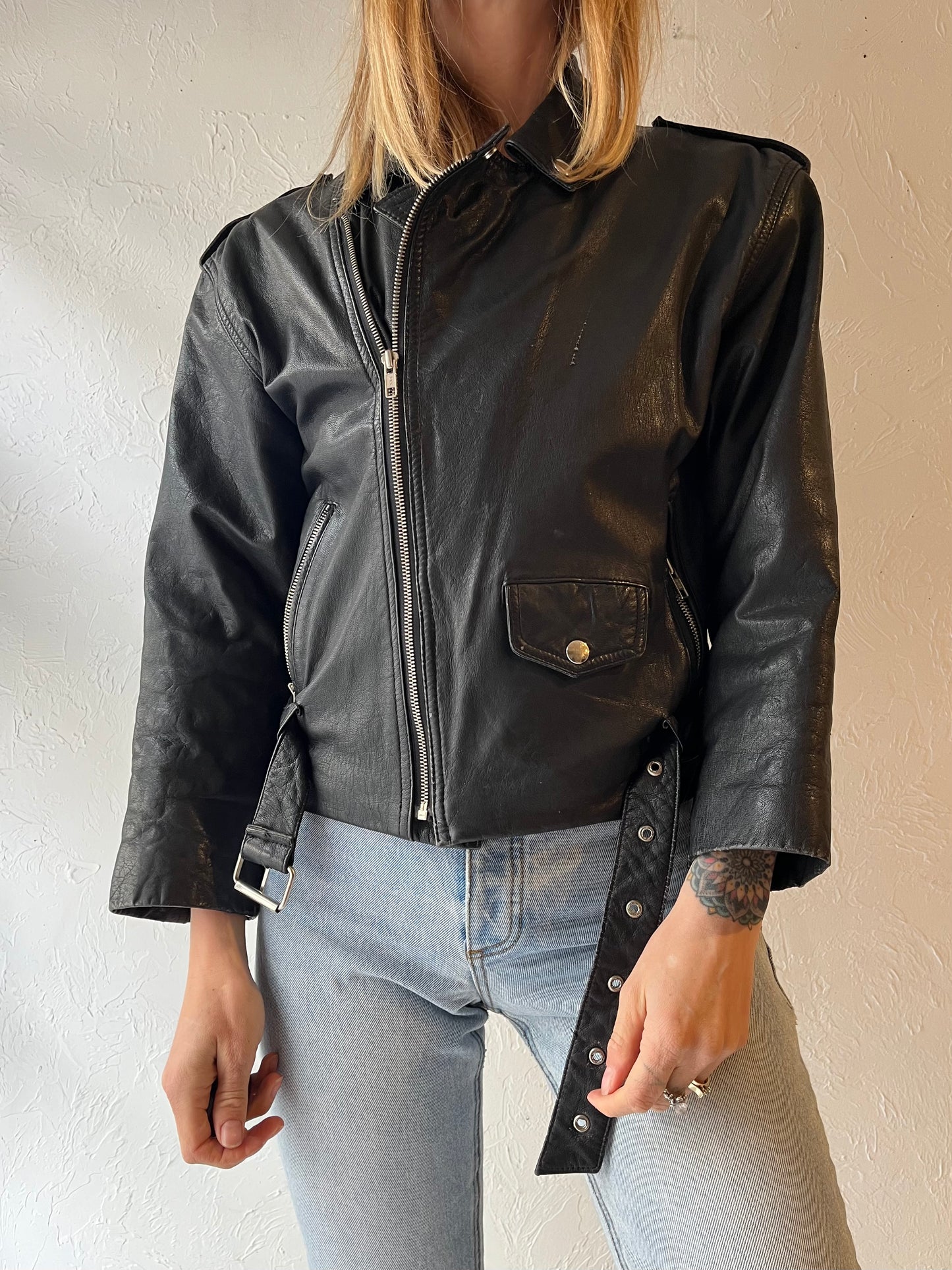 90s Black Leather Moto Style Jacket / XSmall