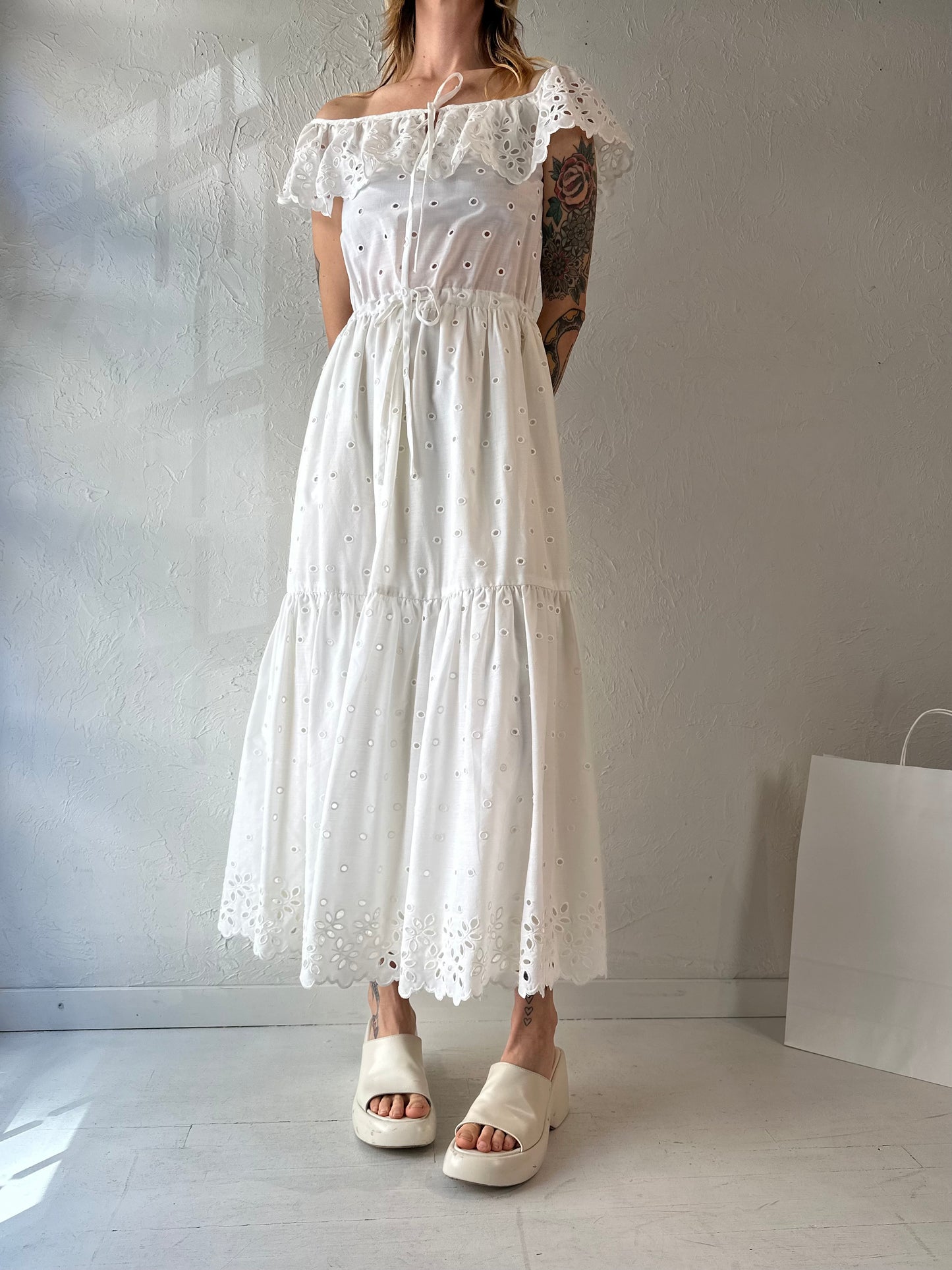 Vintage White Cotton Eyelet Midi Dress / Small