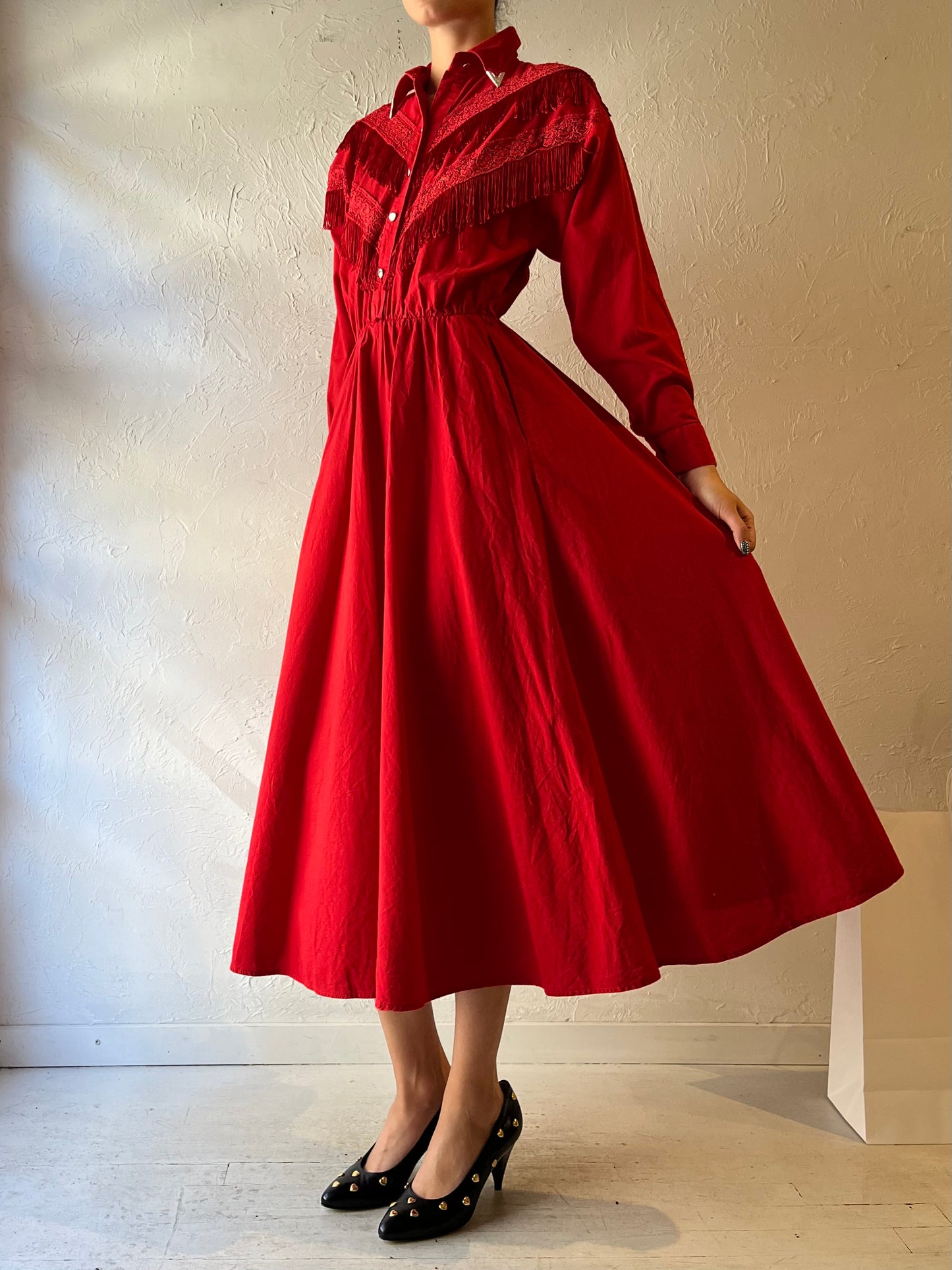 80s 'Lila Suilty' Red Fringe Western Dress / Small