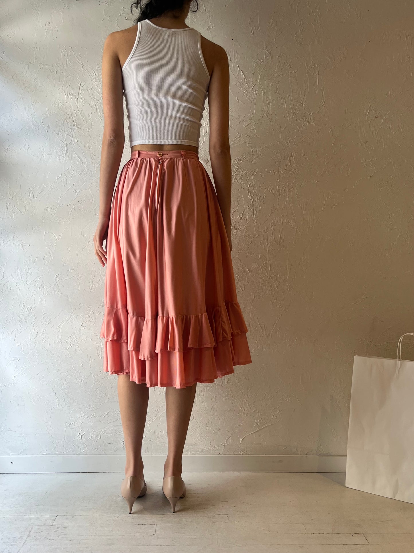 70s Pink Ruffle Midi Skirt / XS
