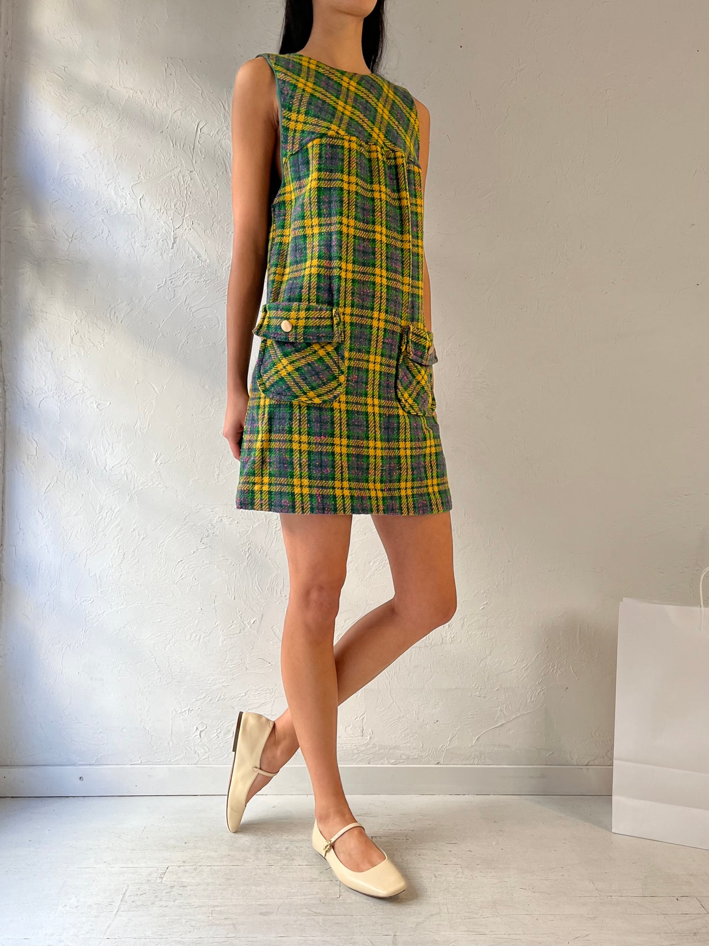 70s ‘Casualaire’ Plaid Knit Mini Dress / Small