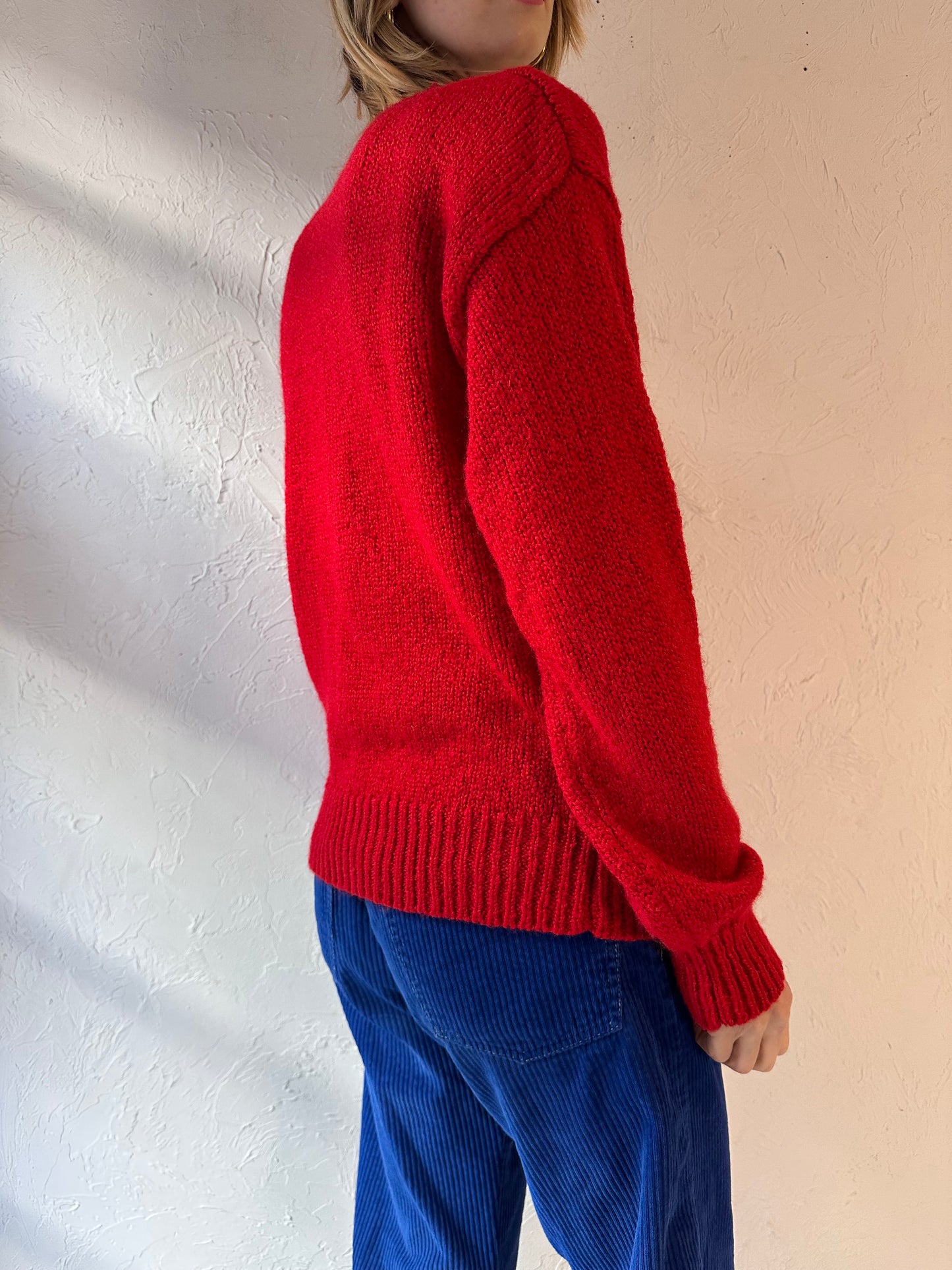 90s 'Persuasion' Red Acrylic Knit Cardigan / Medium