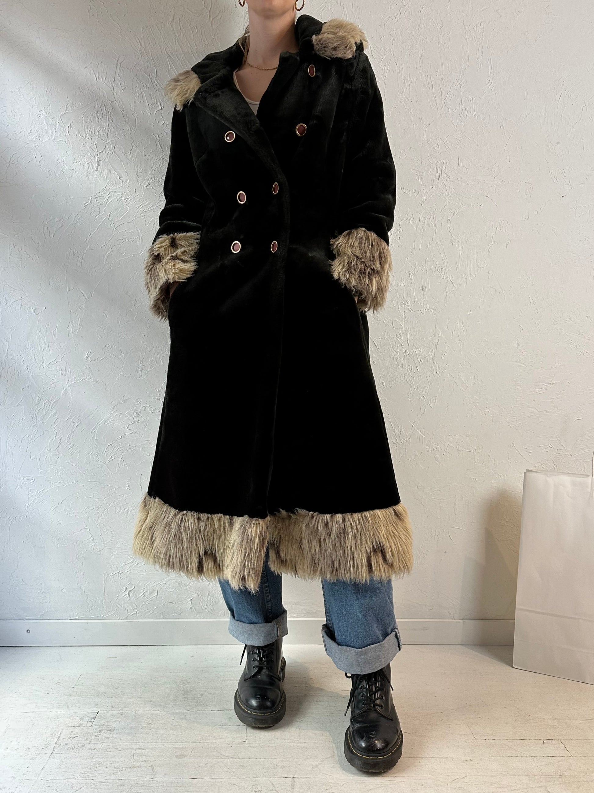 Vintage Black Faux Fur Hooded Coat / Medium