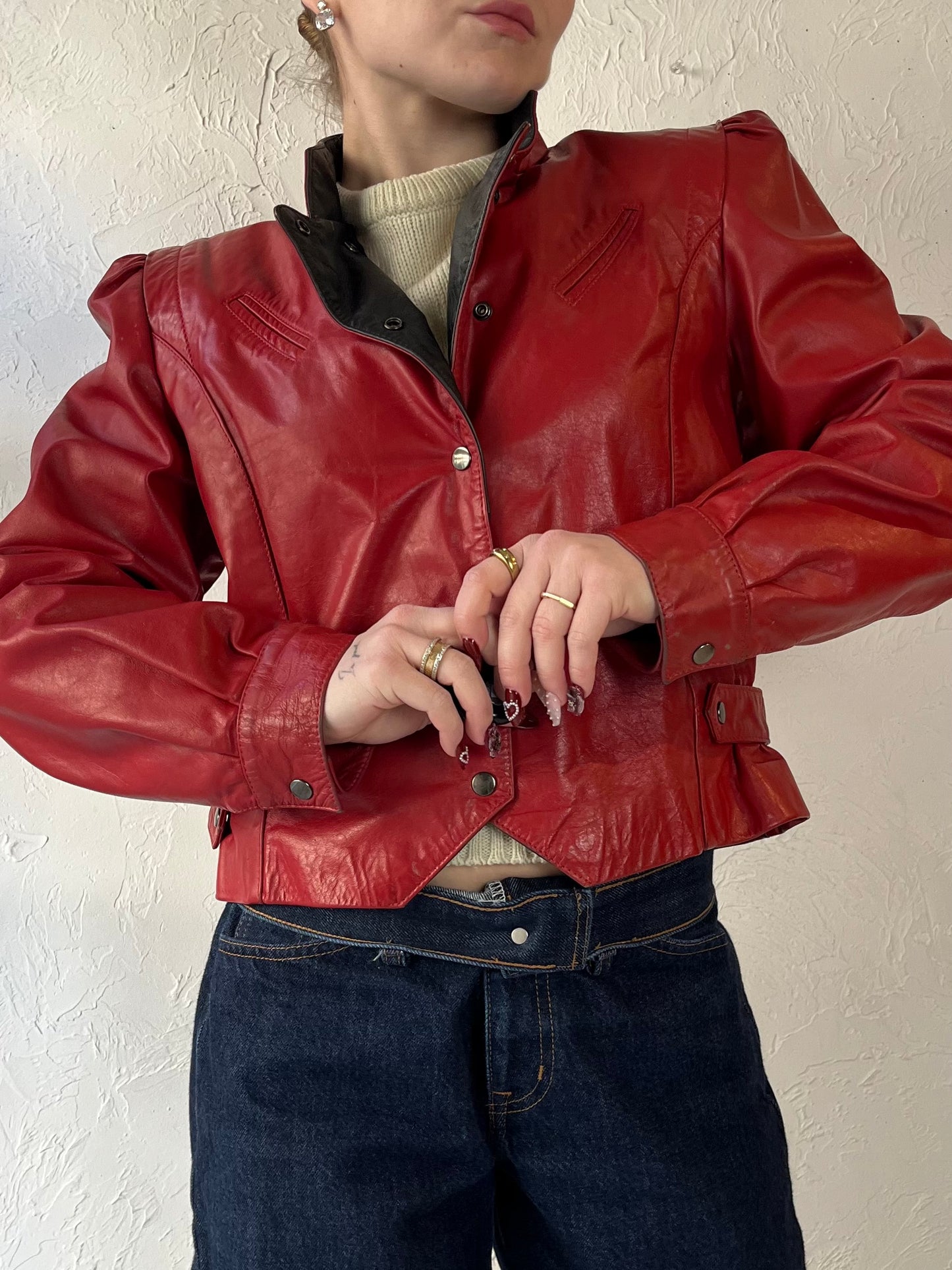 80s ‘Ada’ Cropped Red Leather Jacket / Small