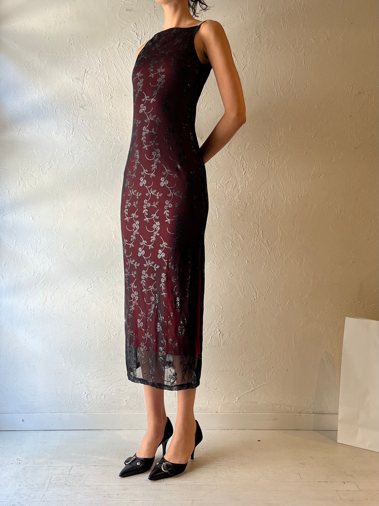 90s ‘Mantique’ Red Sparkly Goth Dress / Medium