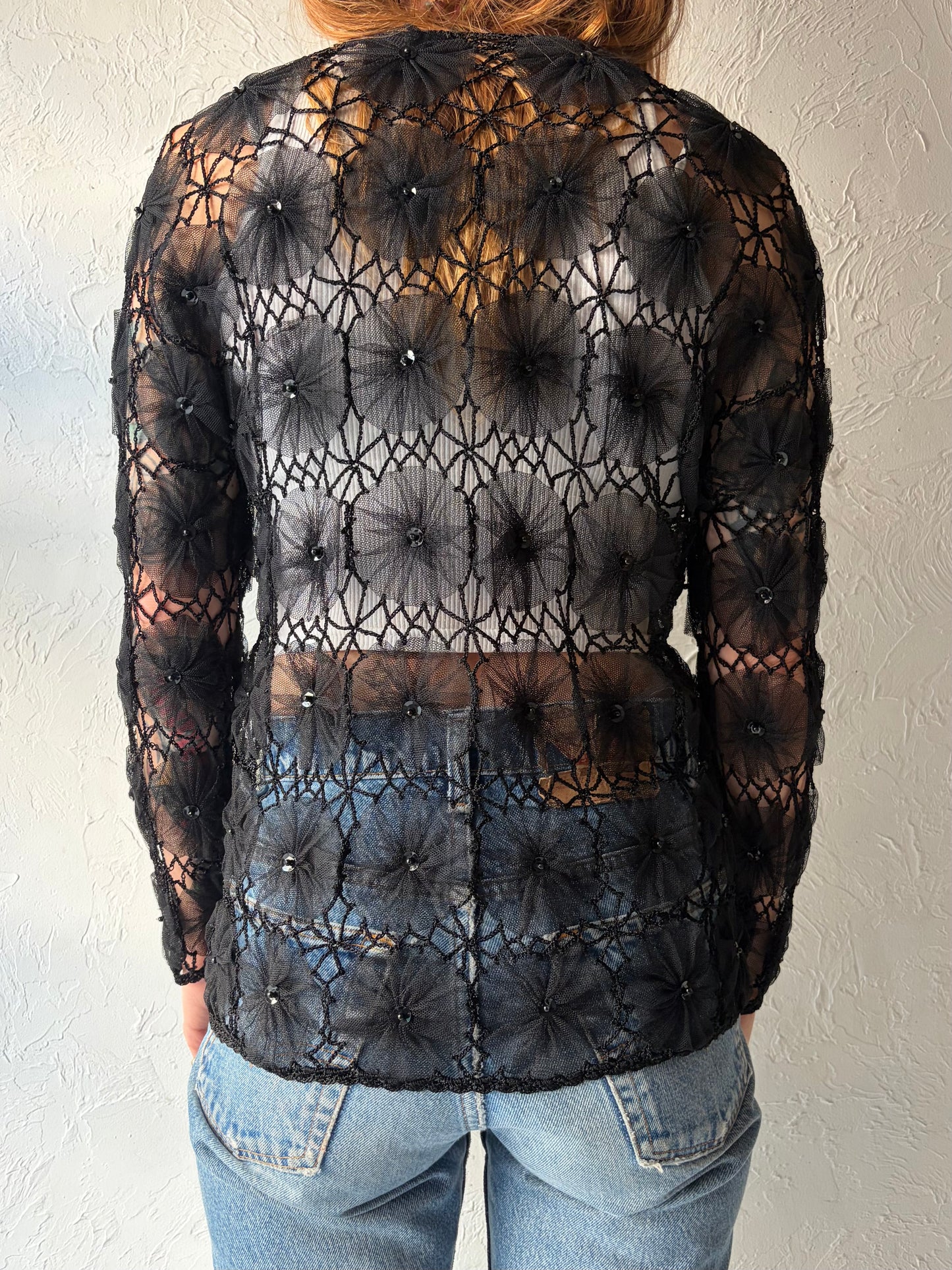Vintage Black Crochet Mesh Cardigan / Small