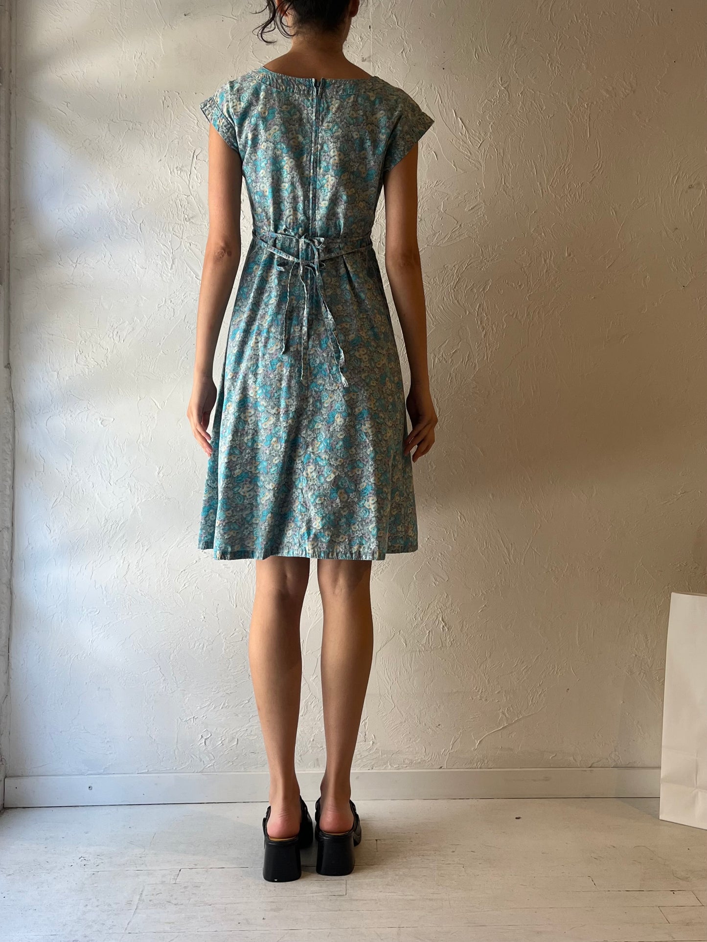 80s ‘Bobby’s Place’ Blue Floral Mini Dress / Small