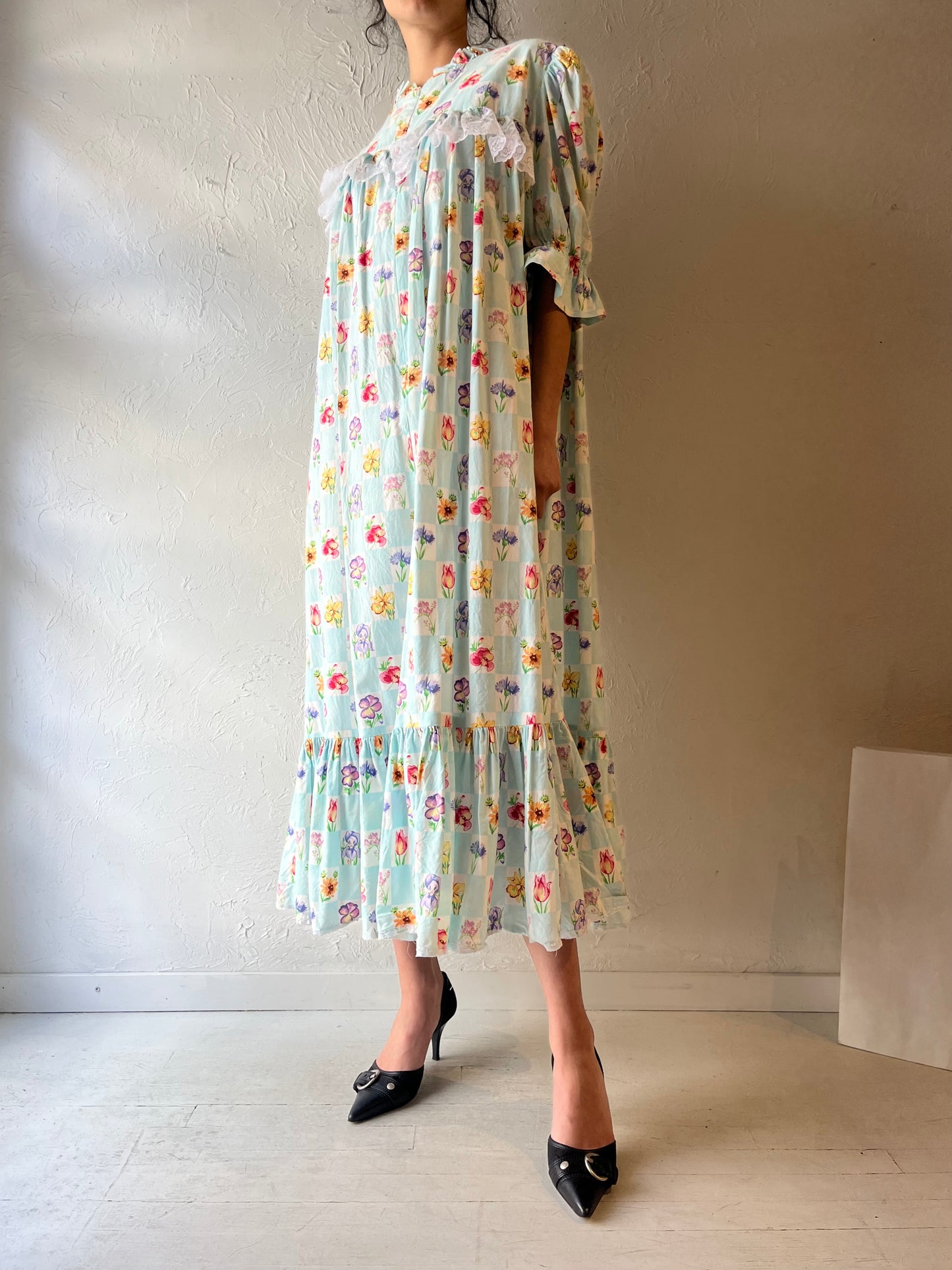 Vintage Light Blue Checker Floral Maxi Dress / Medium