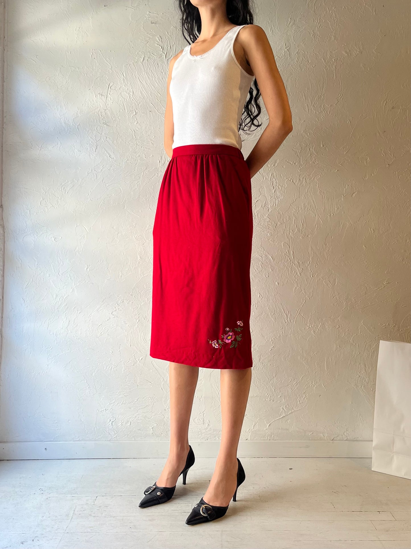 80s ‘Koret’ Red Wool Midi Skirt / Small