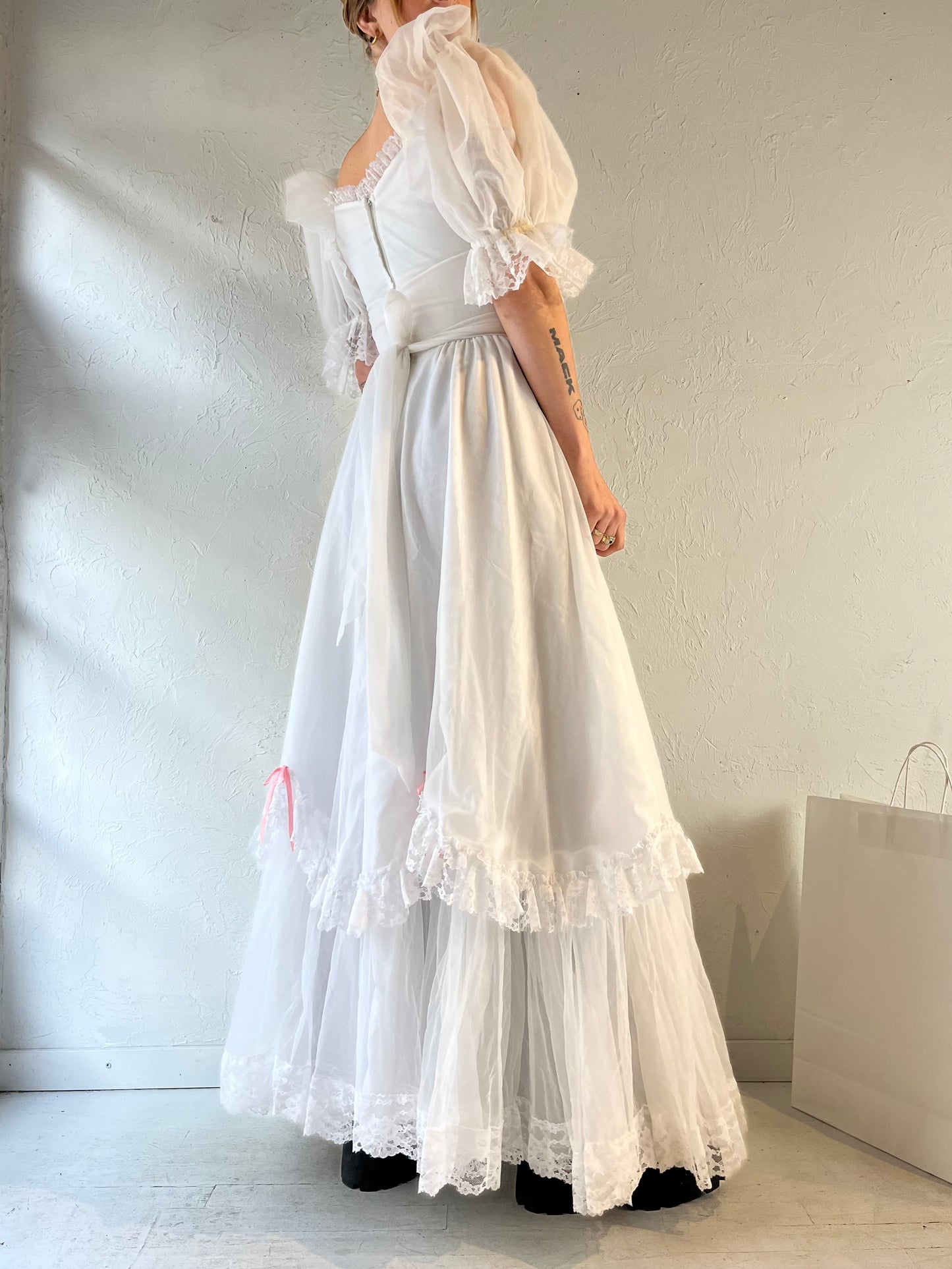 70s White Puff Sleeve Romantic Maxi Dress / Small