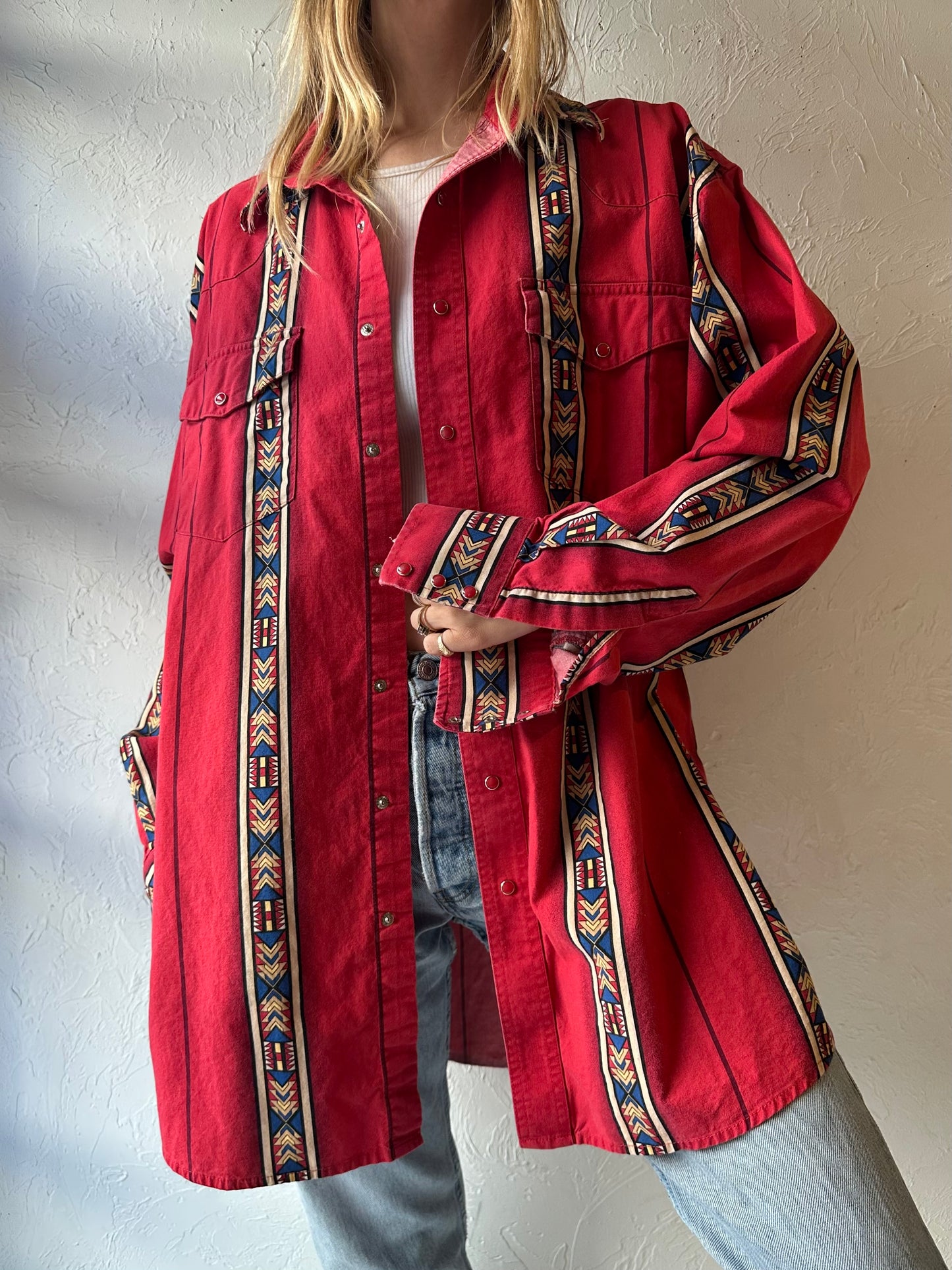 90s ‘Wrangler’ Aztec Snap Up Western Shirt / XXL