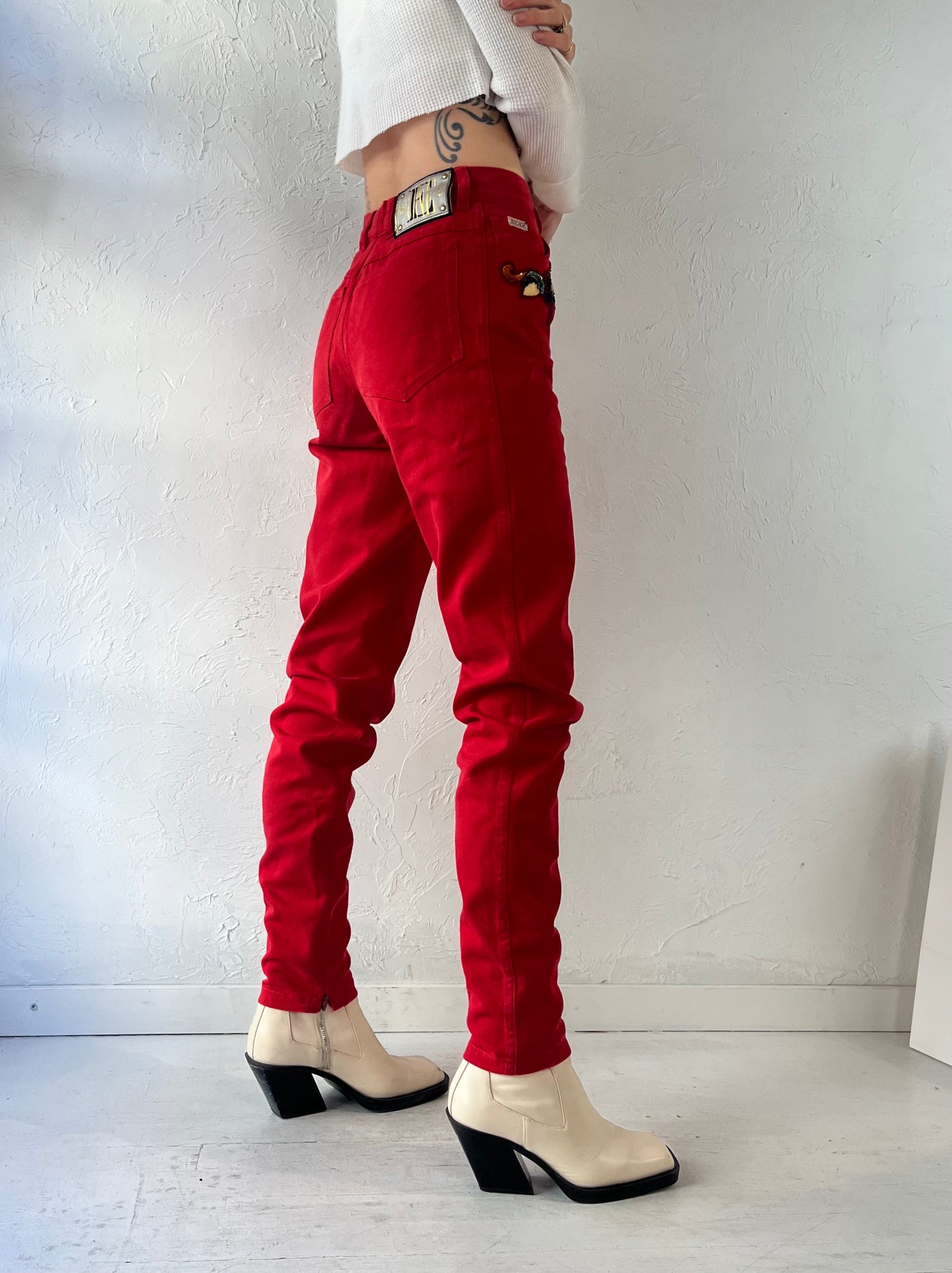 90s 'Escada' Red Beaded Jeans / Small