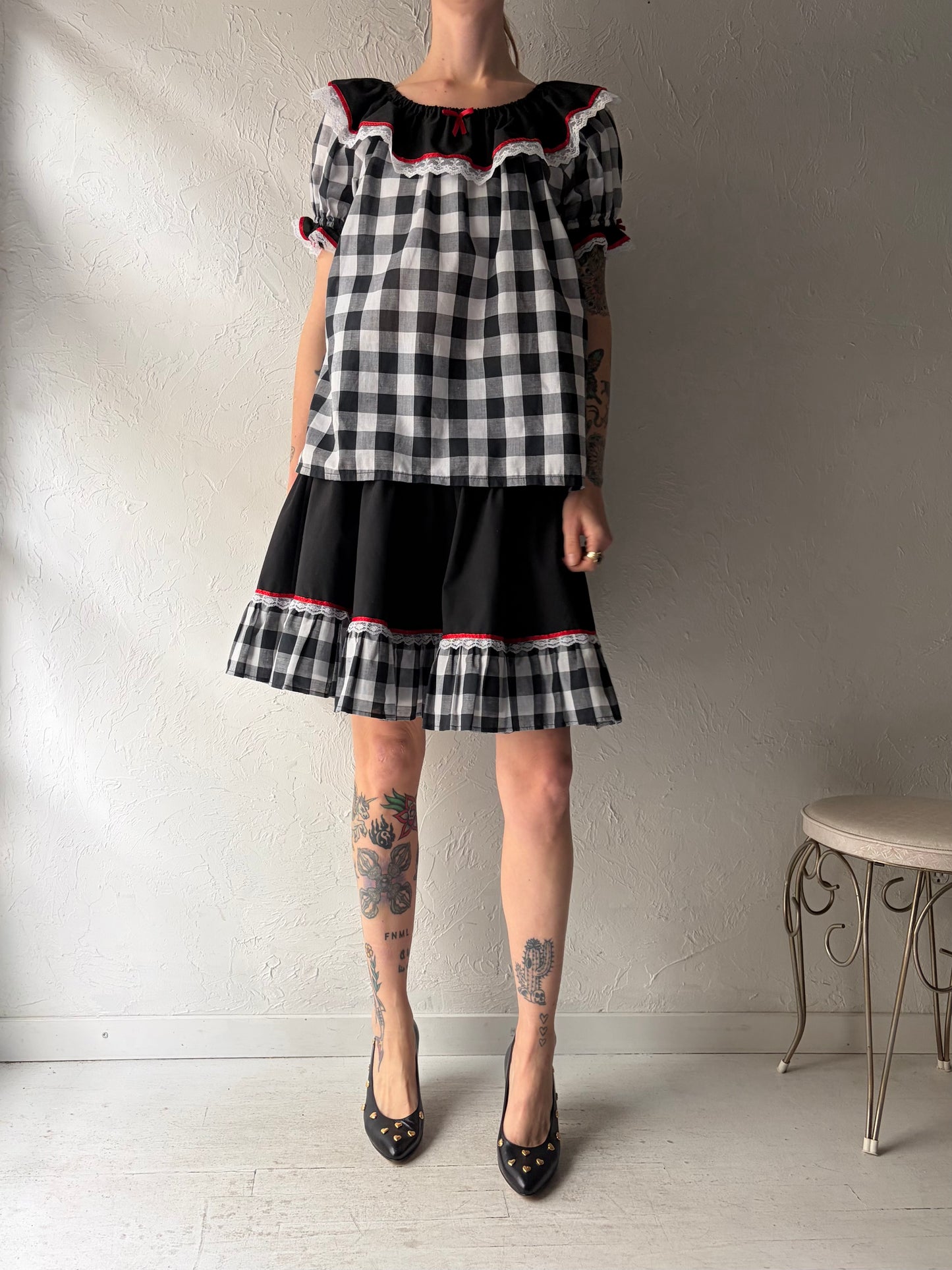 Vintage Gingham Two Piece Skirt Set / Medium
