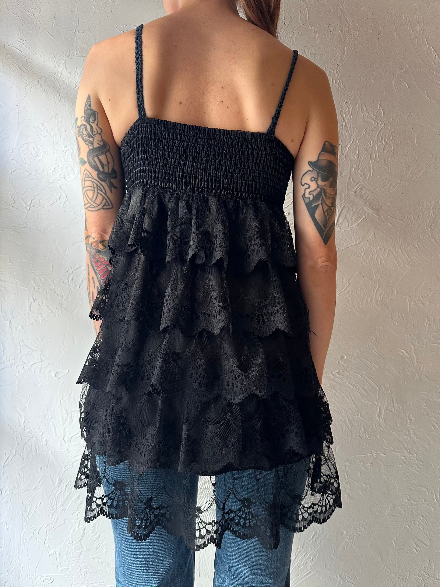 Y2k 'Angela' Black Tiered Lace Ruffle Top / Small