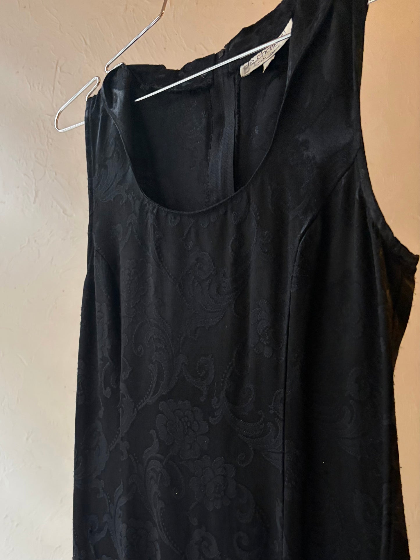90s 'Le Chateau' Black Silky Brocade Dress / Medium