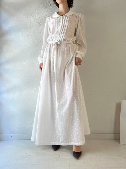 Vintage White Floral Long Sleeve Maxi Dress / Medium
