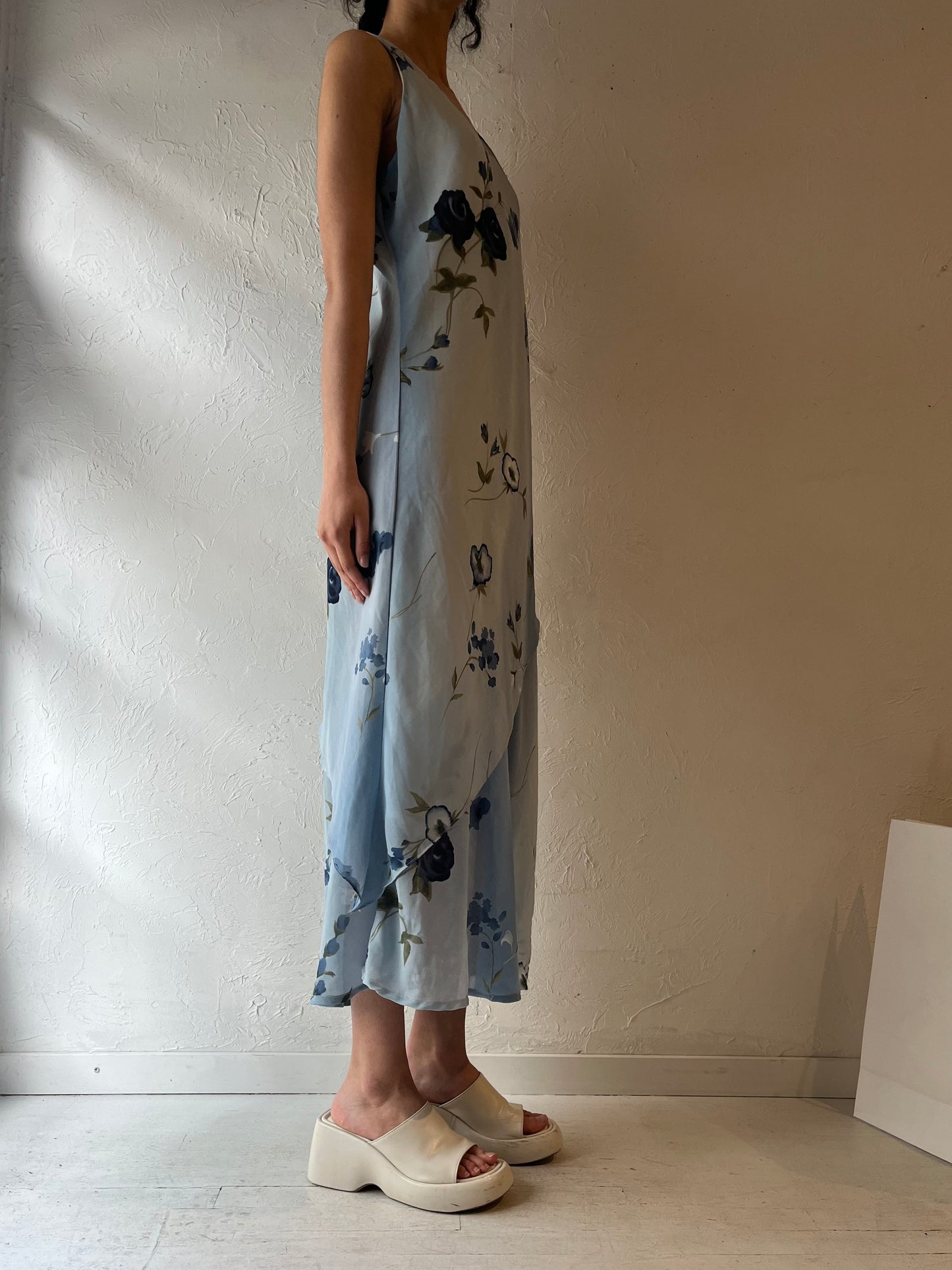 90s ‘Claude Rene’ Blue Floral Print Maxi Dress / Large