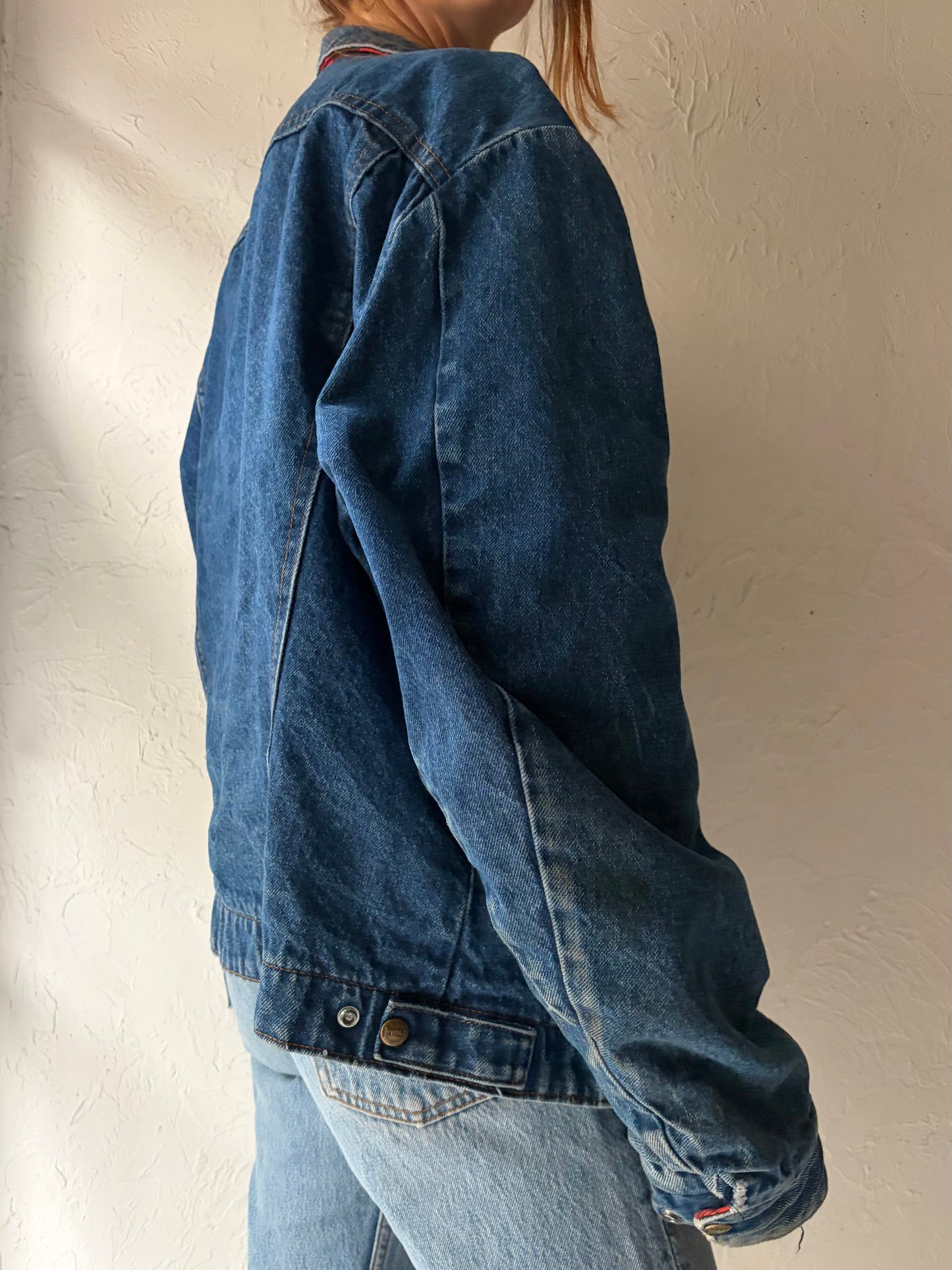 80s ‘Key’ Red Plaid Cotton Lined Denim Jacket / Medium