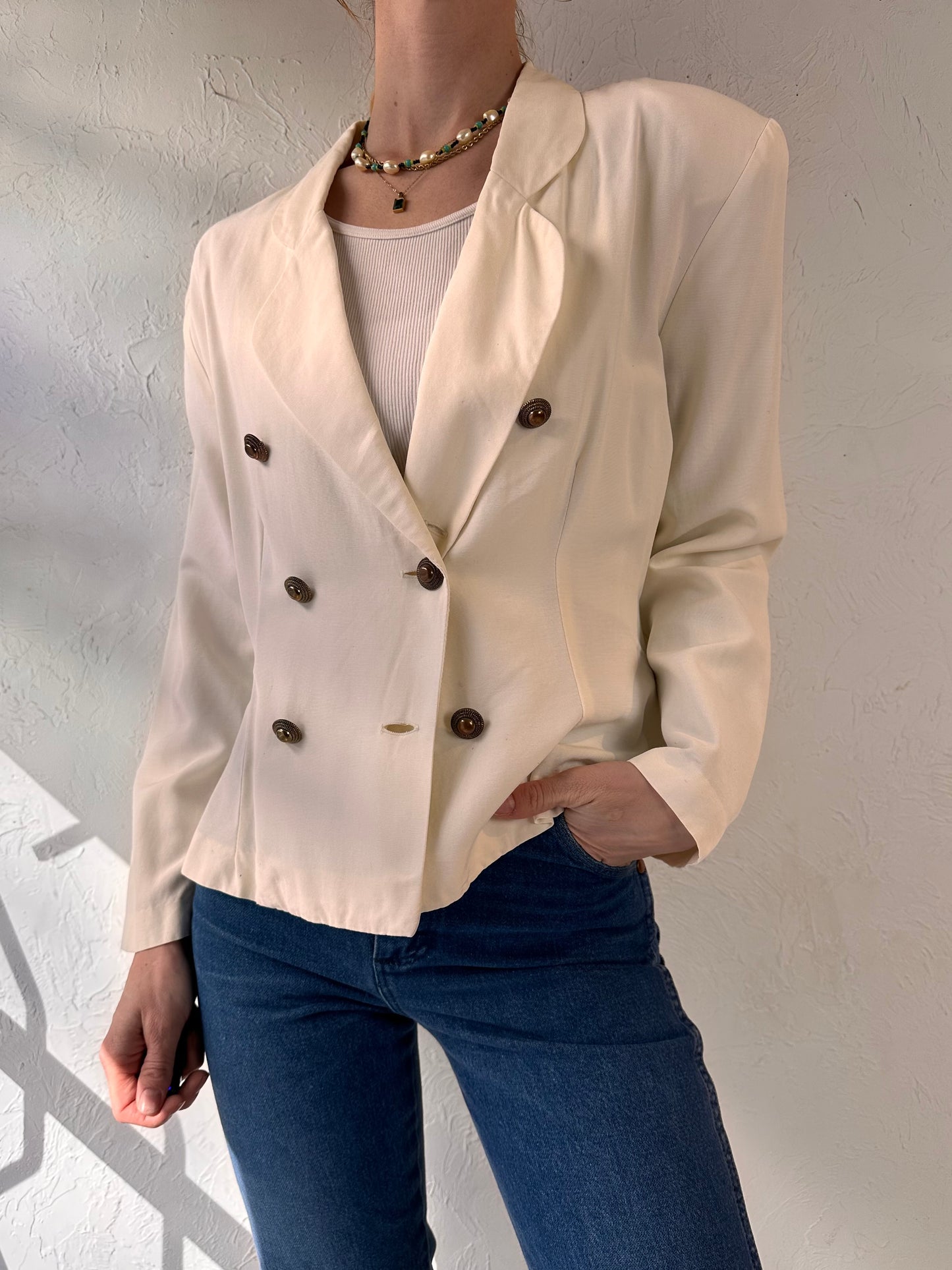 80s 'UXL' White Double Breasted Top / Medium - Large