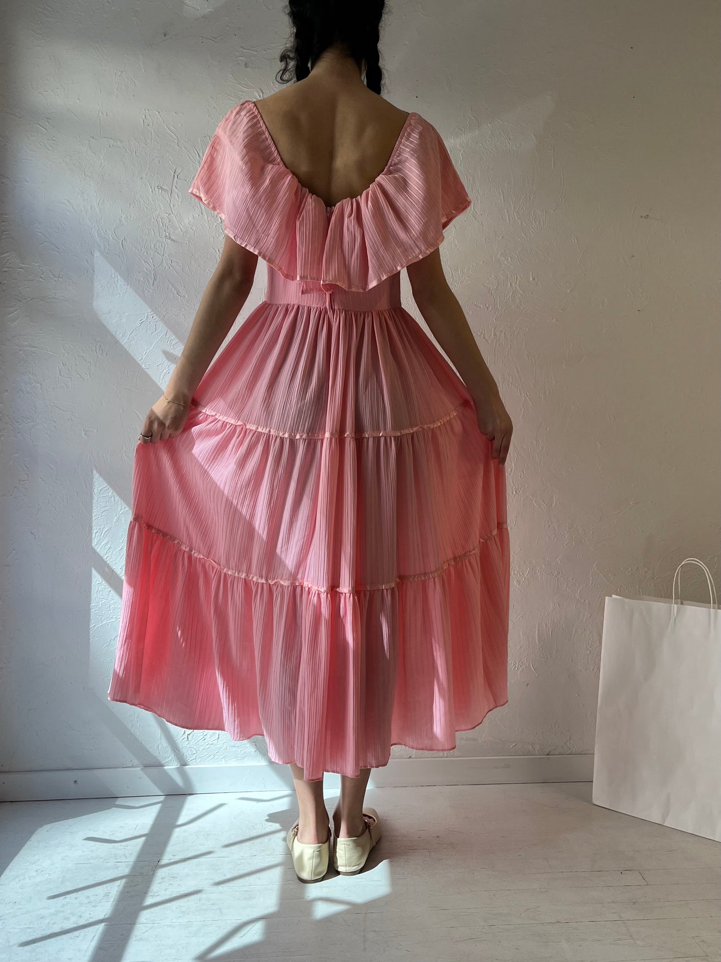70s Handmade Pink Tiered Dress / Medium