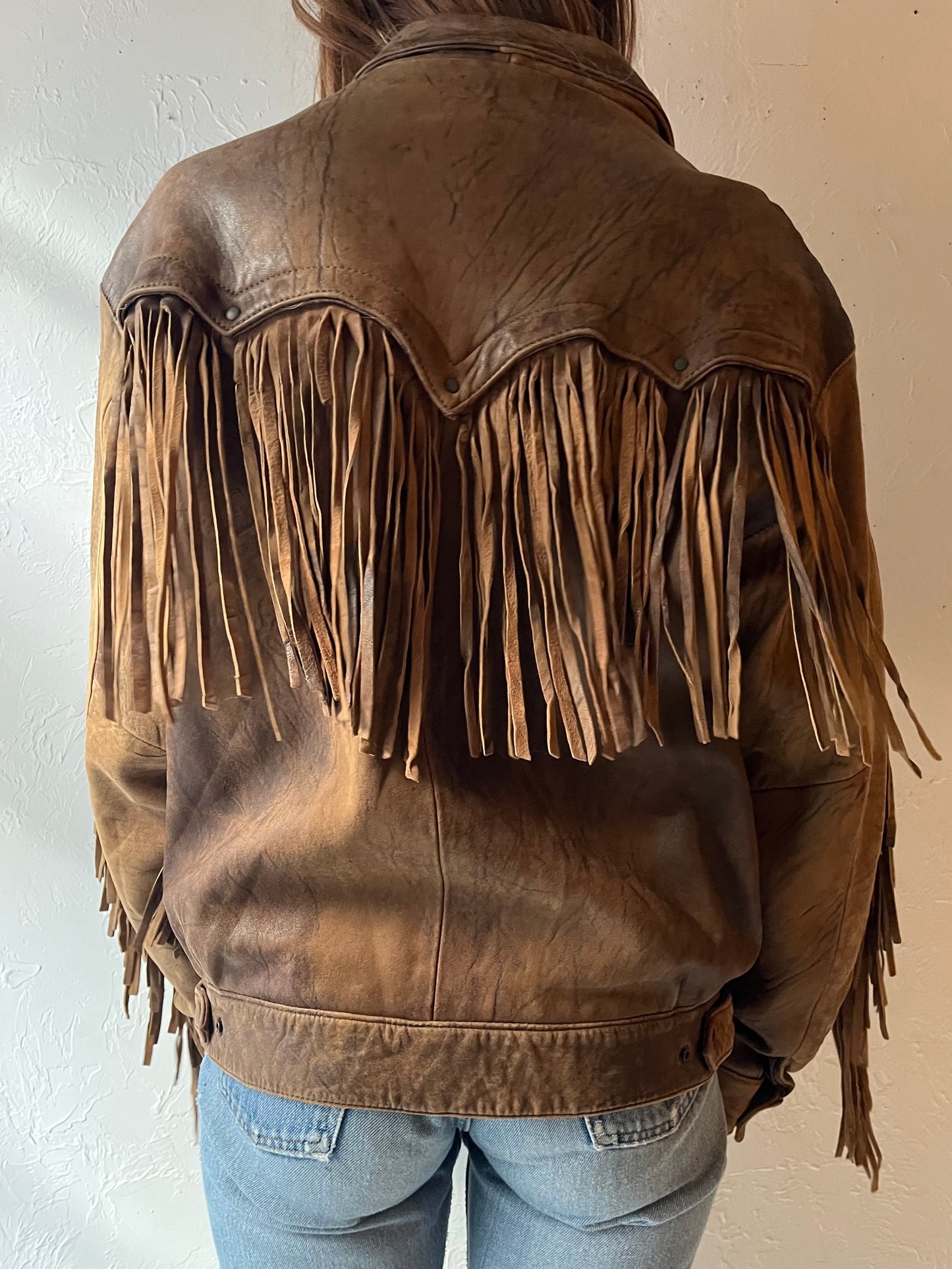 80s ‘Mirage’ Brown Fringe Leather Bomber Jacket / Medium
