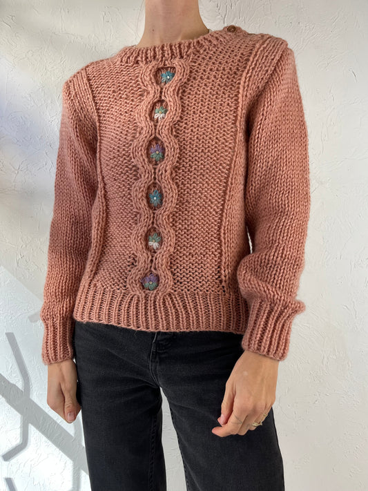 90s 'Coco Loco' Pink Acrylic Knit Sweater / Small