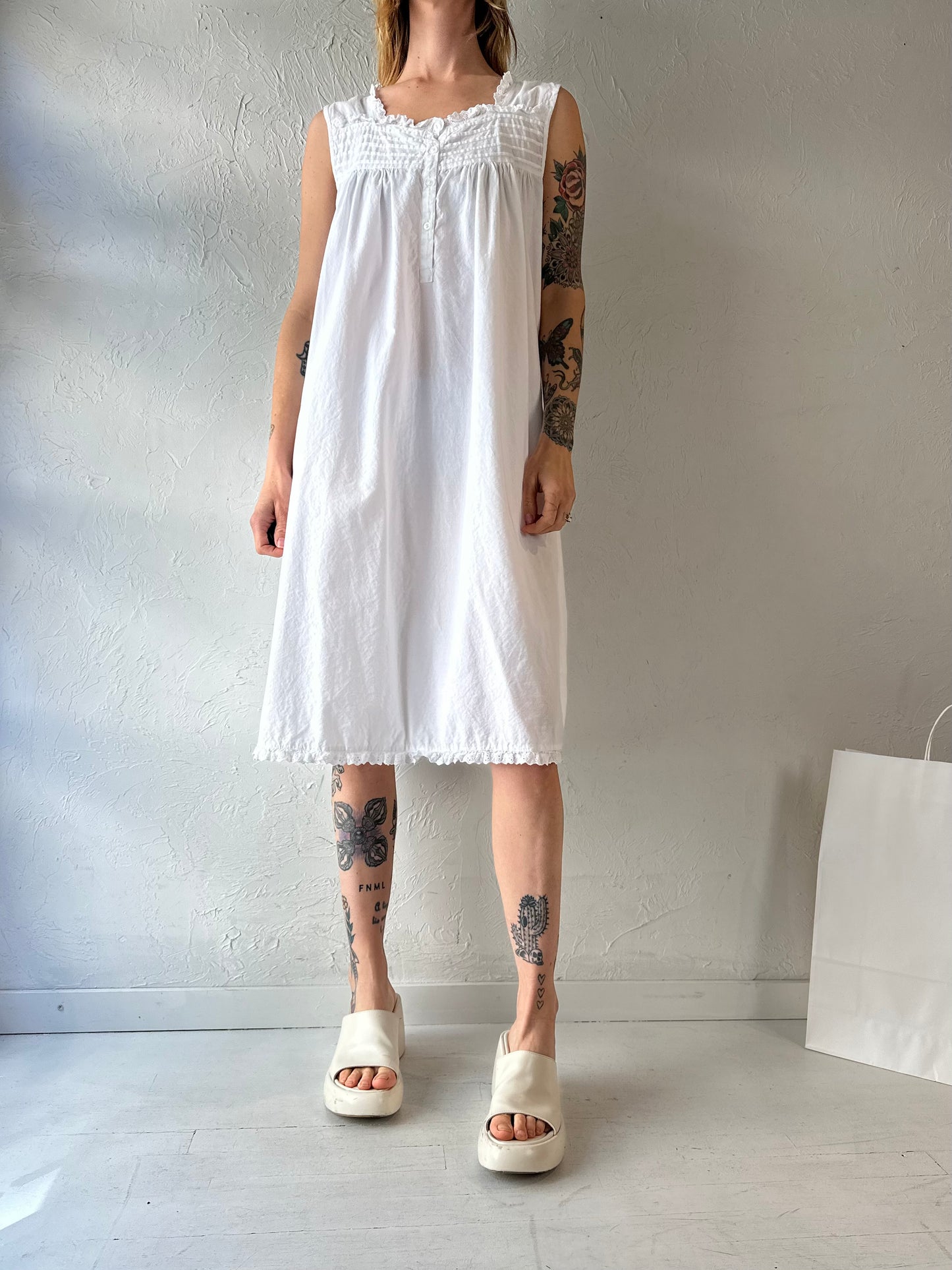 90s 'Nice N Comfy' White Cotton Mini Dress / XL