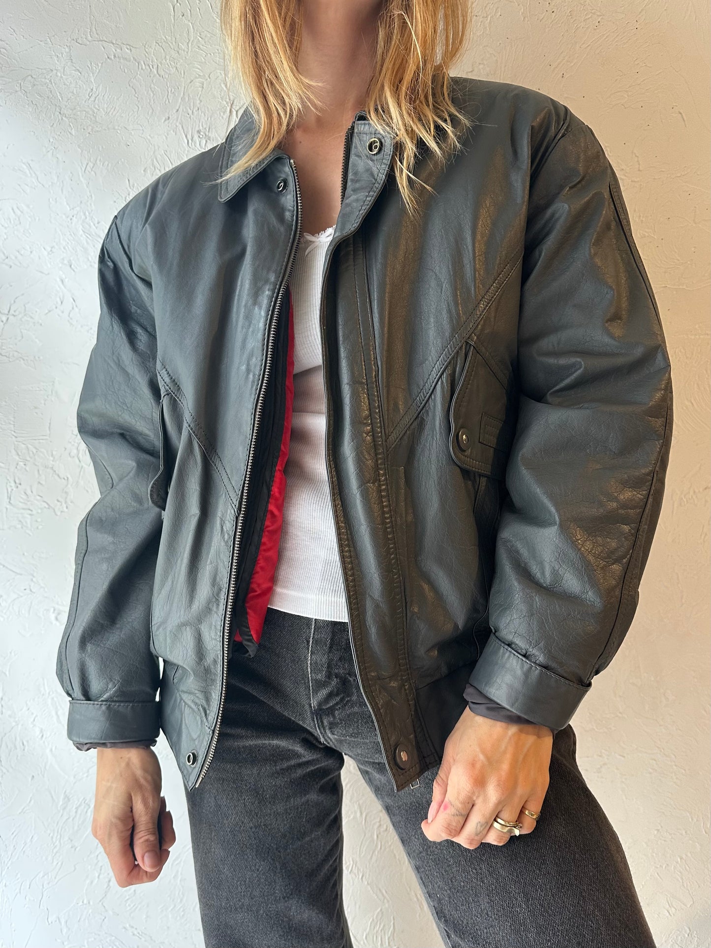 90s ‘Boulevard Club’ Gray Leather Bomber Jacket / Medium