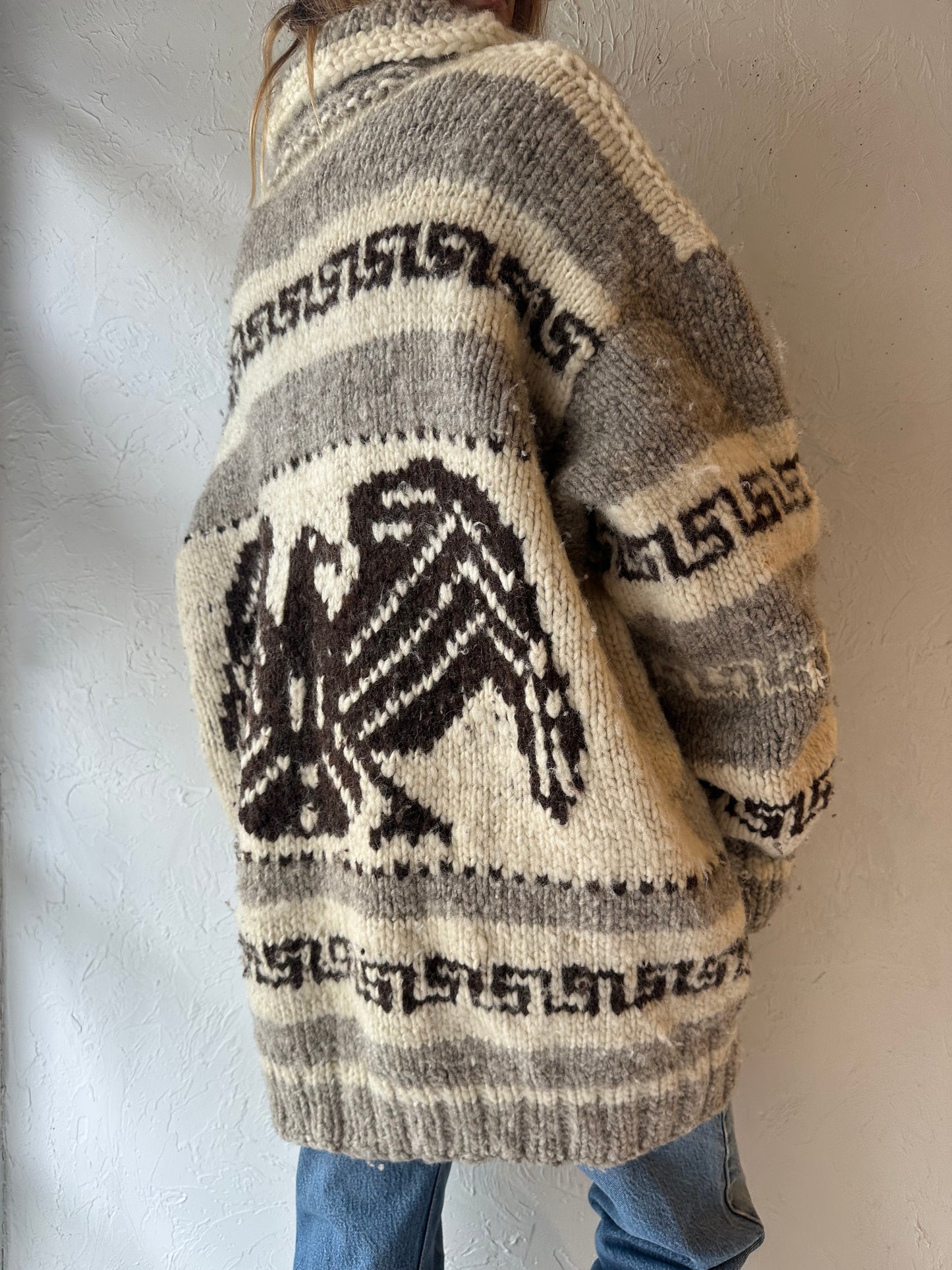 Vintage Authentic Cowichan Wool Eagle Sweater / XL