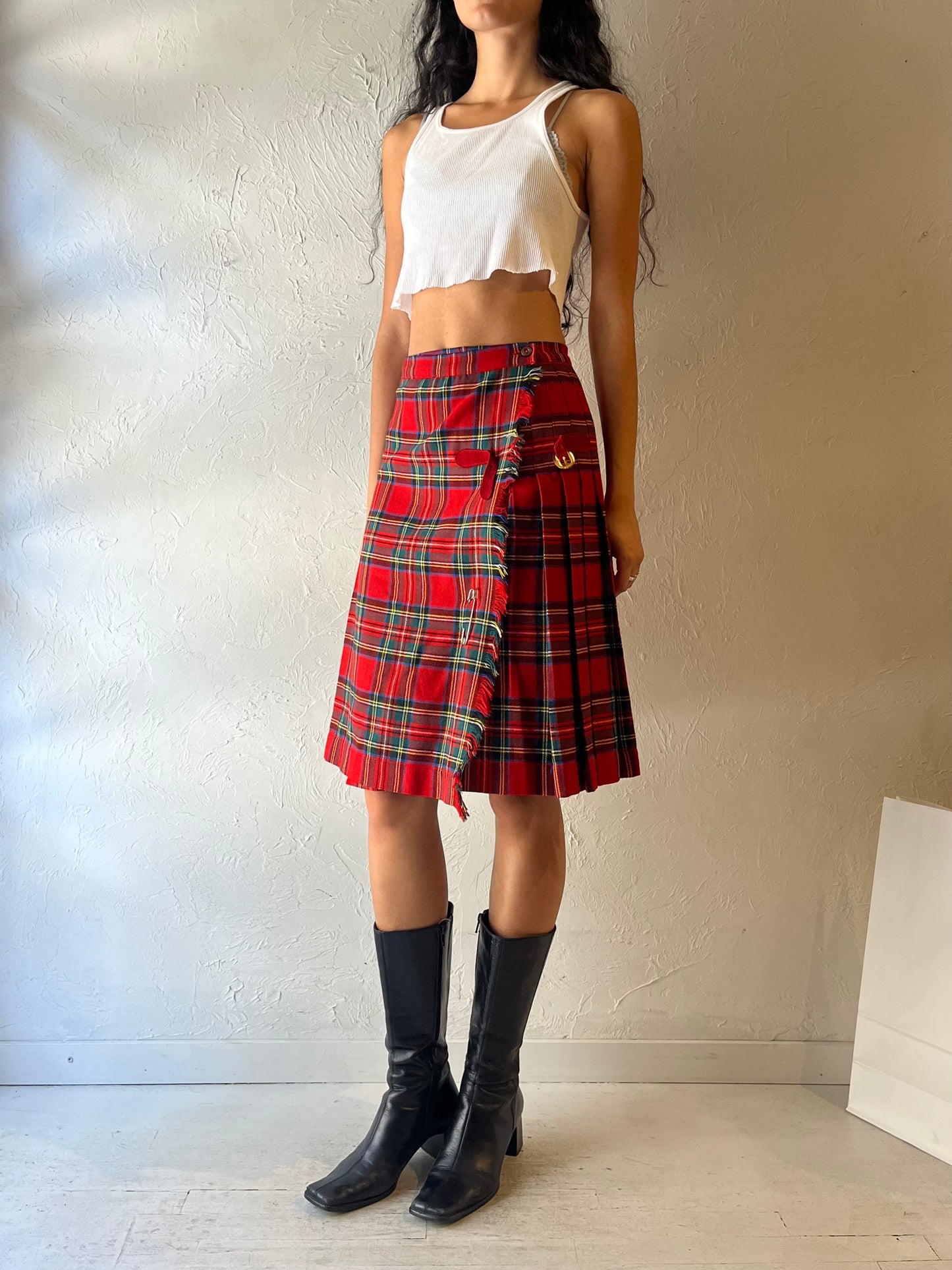 Vintage Red Pleated Plaid Wool Knit Skirt / Small