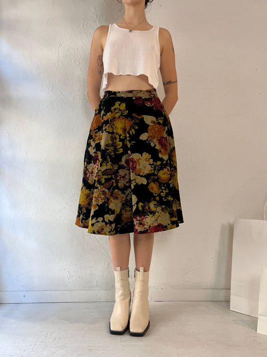 Y2k 'Tatyana' Floral Thick Cotton Velvet Midi Skirt / XS
