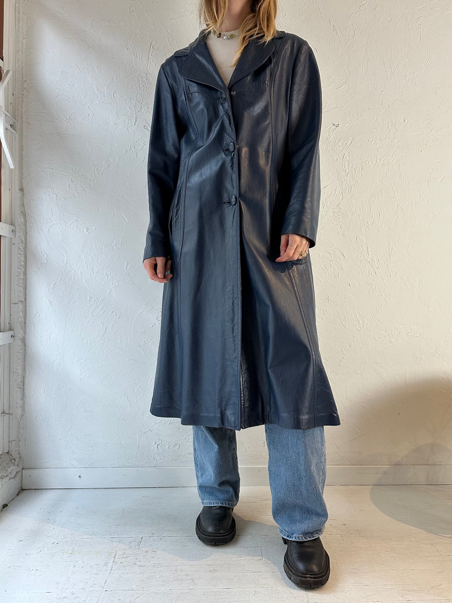 70s ‘Leather Factory’ Blue Leather Trench Coat / Medium