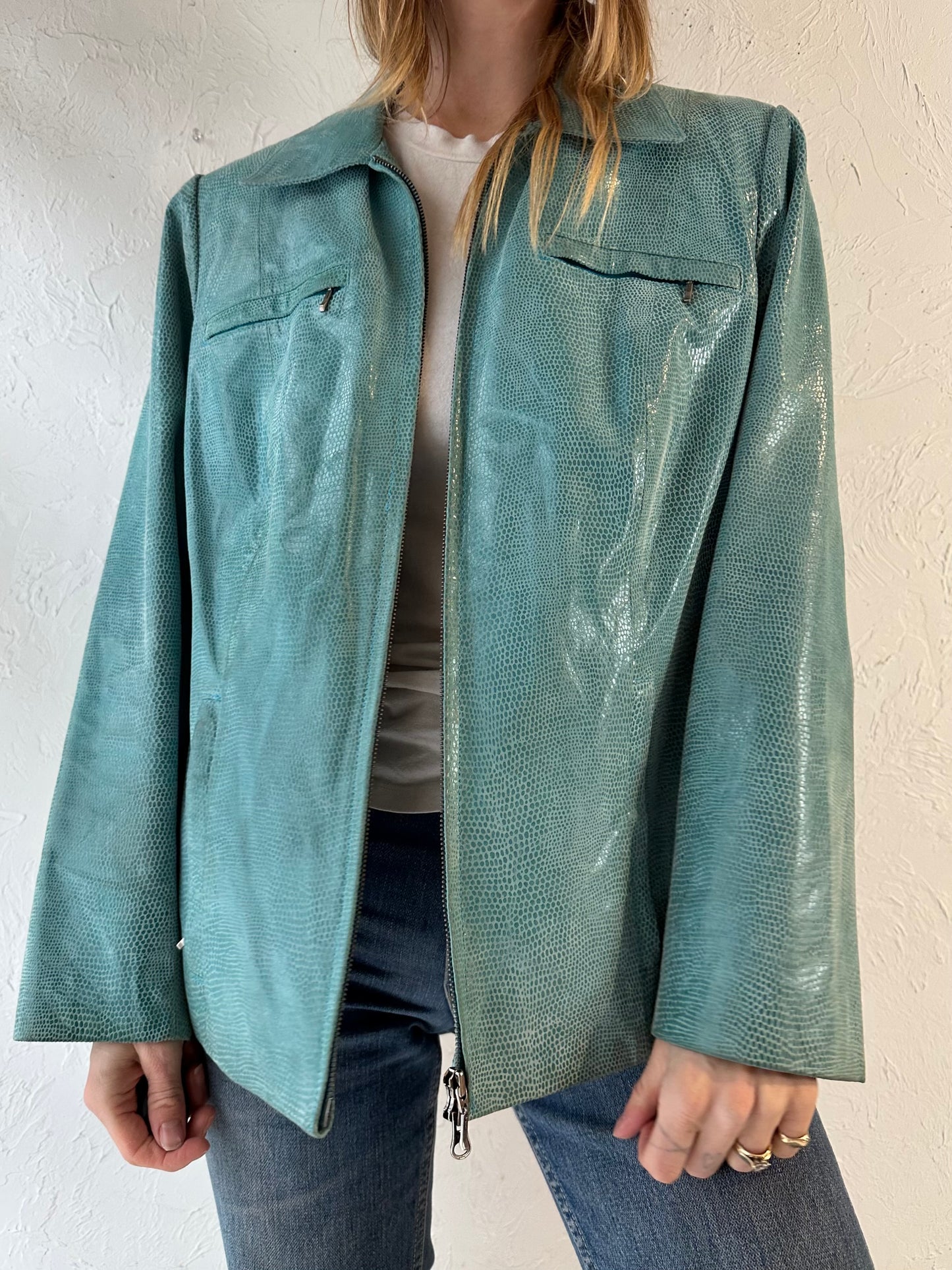 Y2K ‘Alfani’ Aqua Blue Leather Jacket / XL