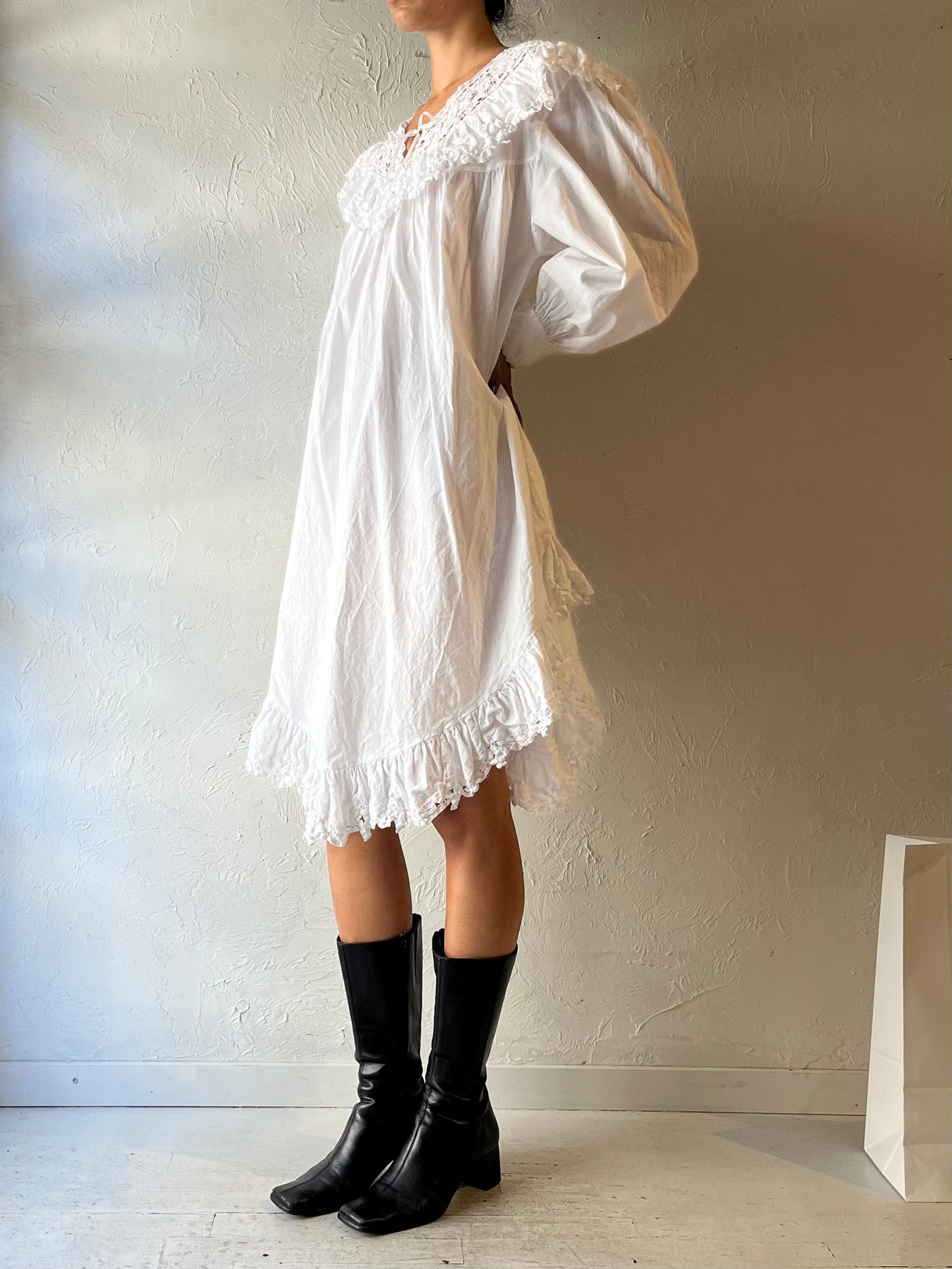 Vintage White Cotton Romantic Dress / Large