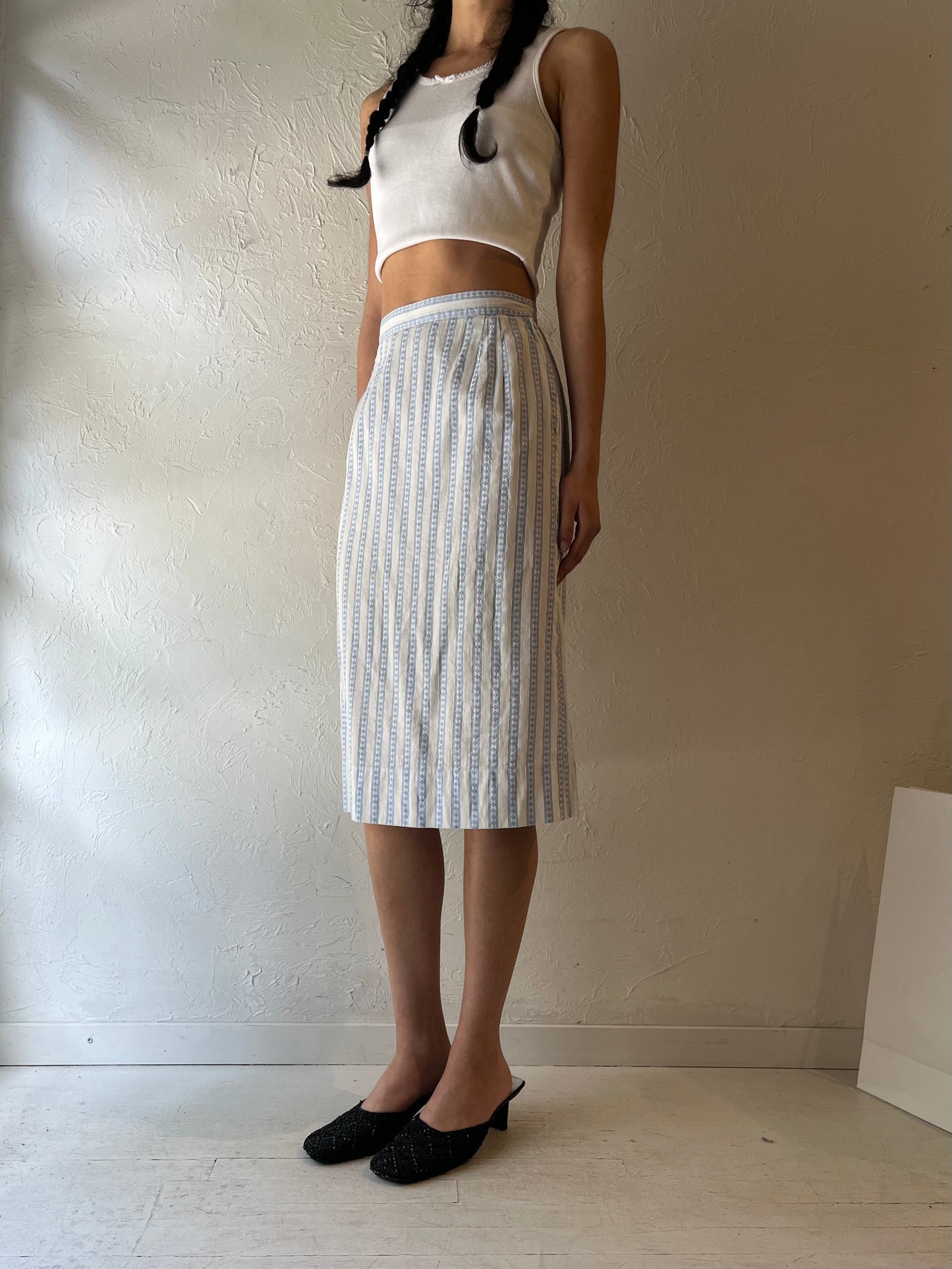 Vintage Handmade Baby Blue Striped Midi High Waisted Skirt / Small