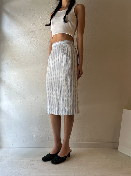 Vintage Handmade Baby Blue Striped Midi High Waisted Skirt / Small