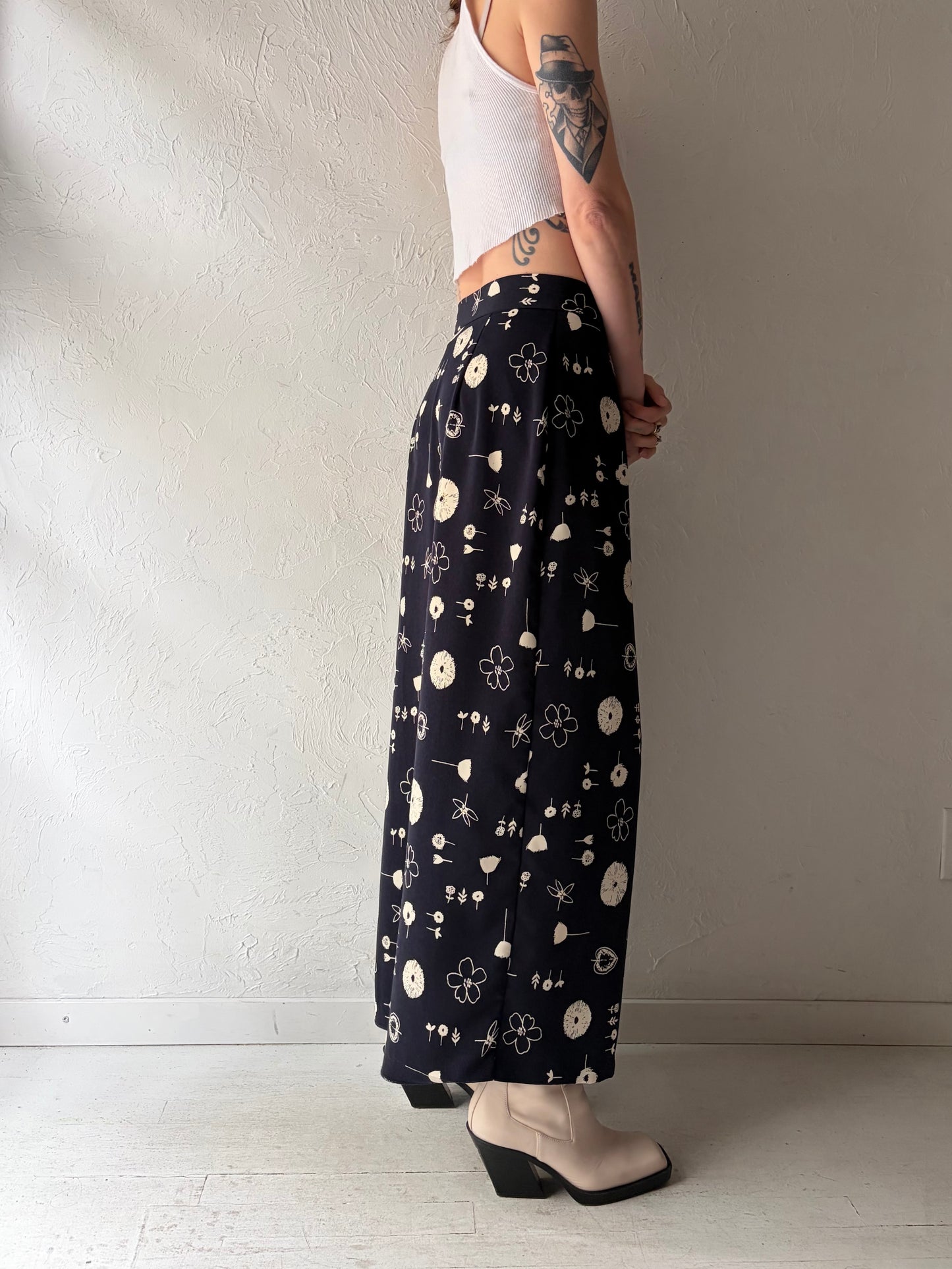 90s 'Beechers Brook' Floral Navy Blue Wrap Maxi Skirt / Small
