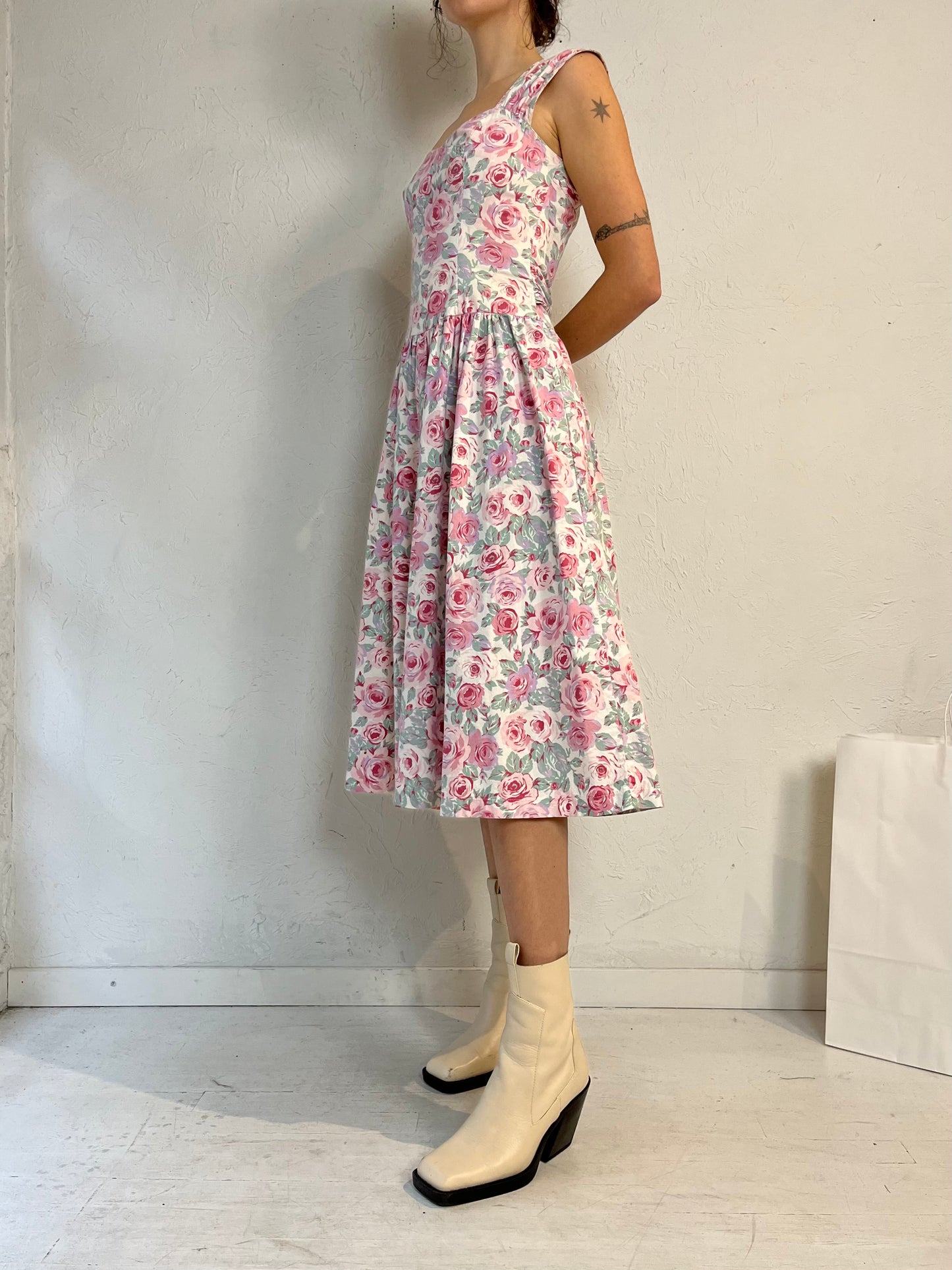 90s 'Joni Blair' Pink Floral Print Cotton Day Dress / Small