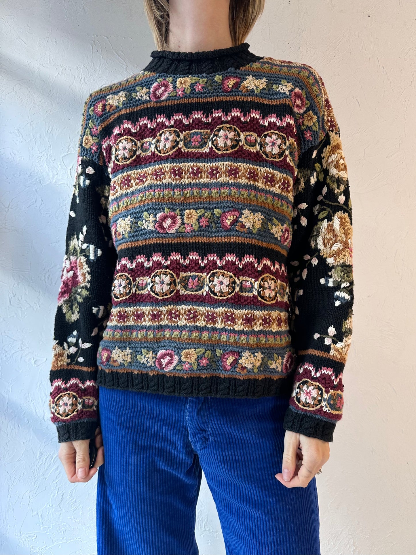 90s 'Express' Cotton Ramie Floral Knit Sweater / Medium