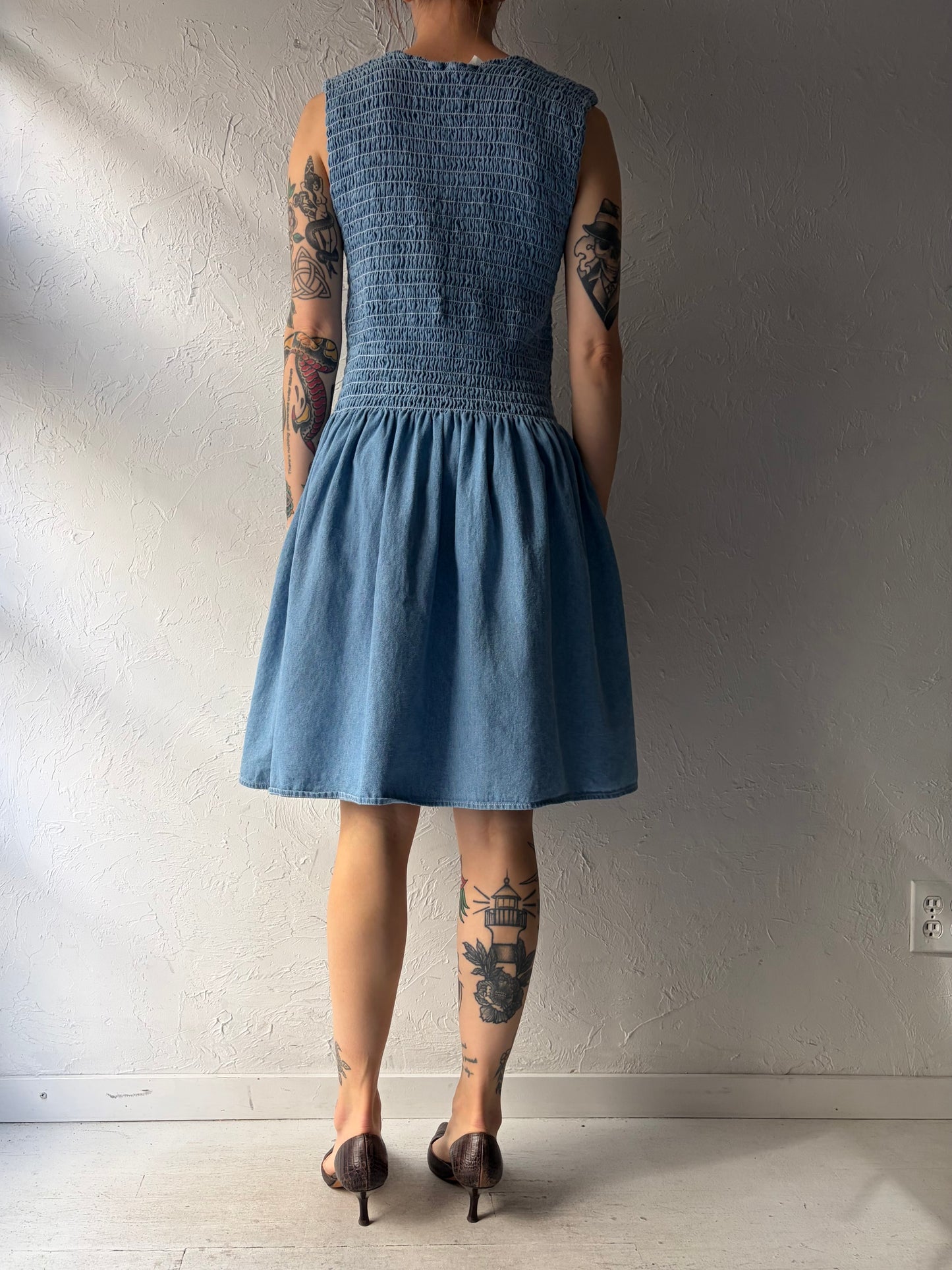 Y2k 'Leisure Wear' Light Denim Smocked Dropped Waist Western Summer Dress / Small -Large