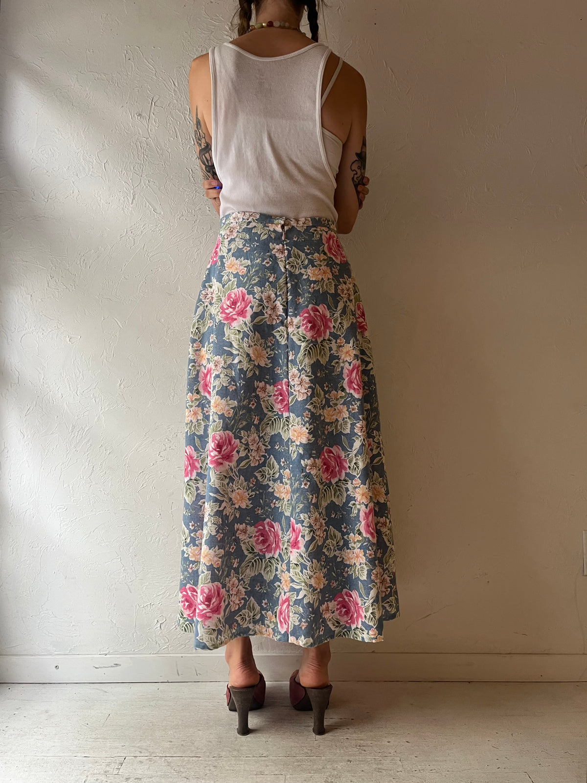 Vintage Handmade Blue Floral Cottagecore Boho Hippie Prairie Summer Maxi Skirt / Medium