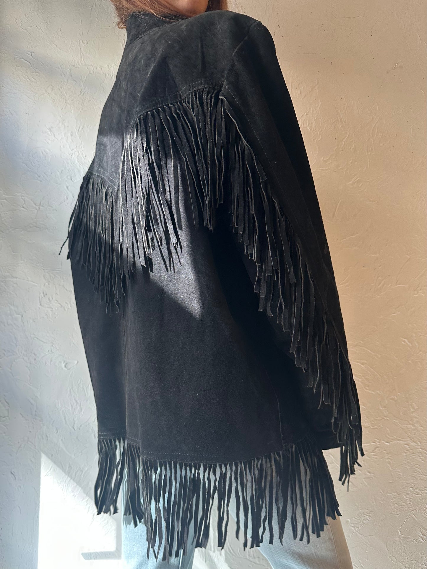 70s 'Cevys' Black Suede Fringe Jacket / Large