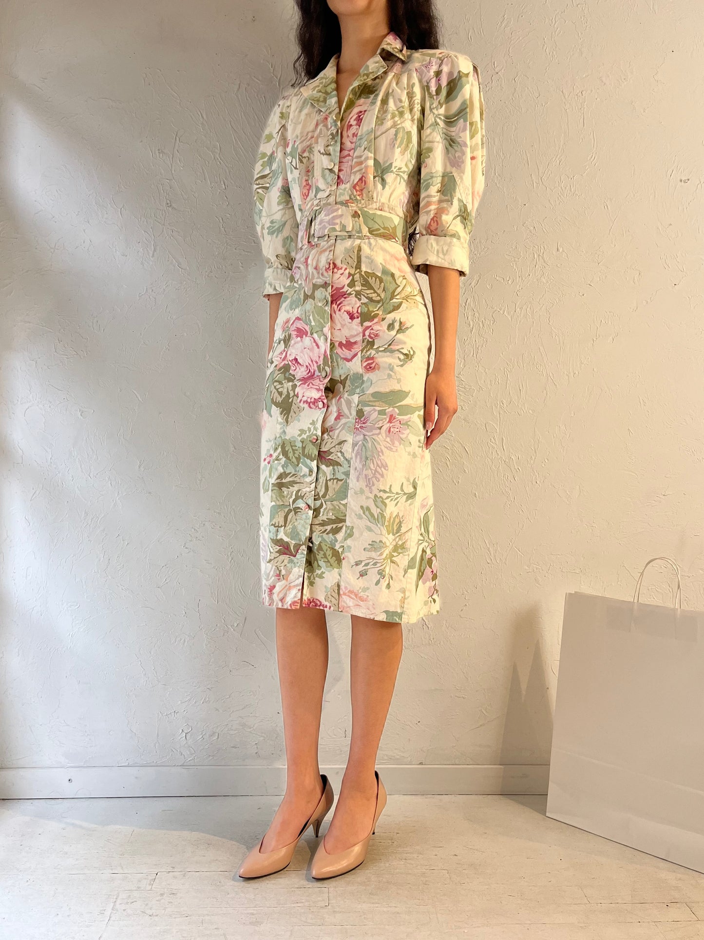 90s ‘Karen Alexander’ Collared Floral Shirt Dress/ Small