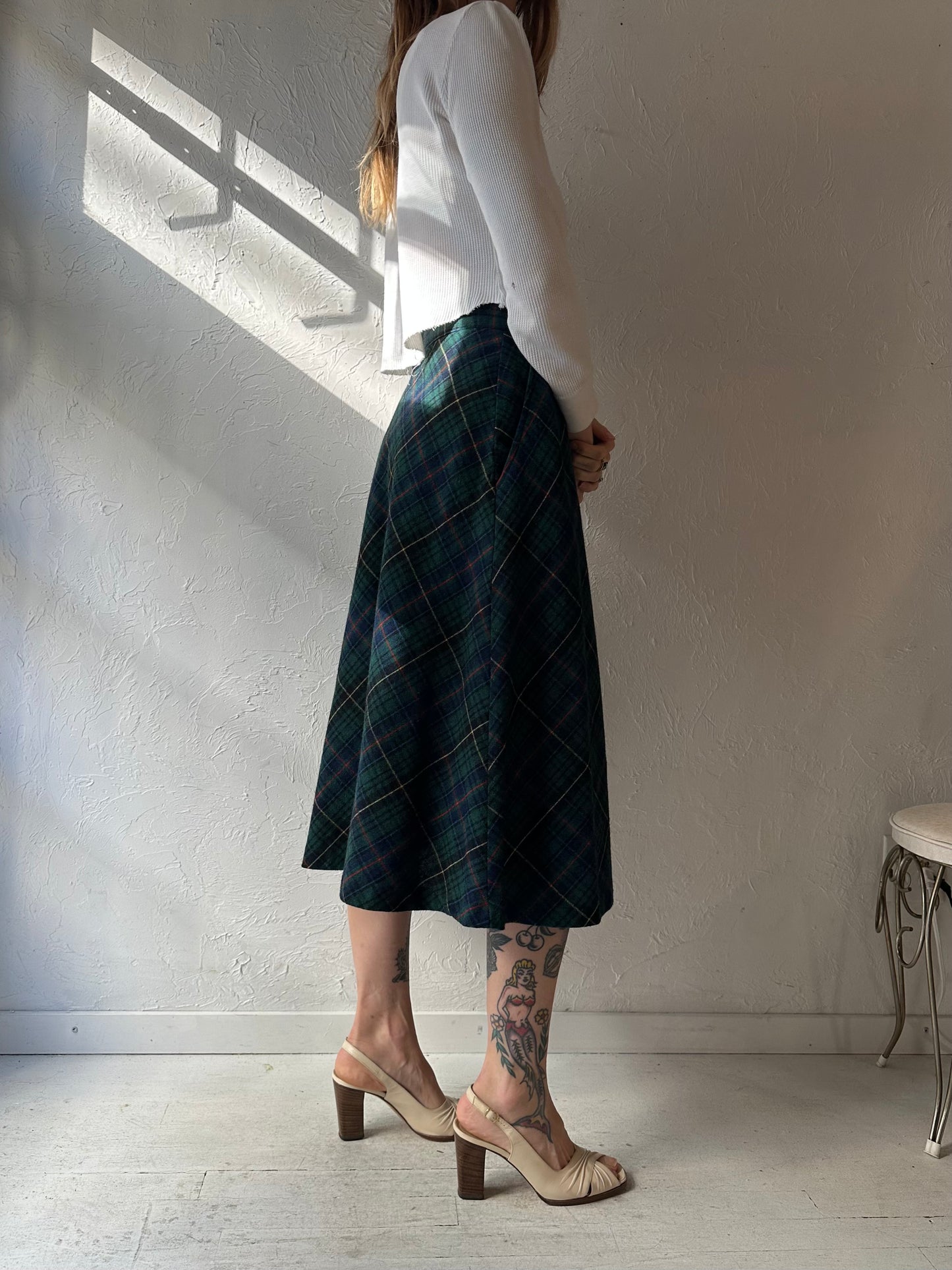 Vintage Green Plaid Midi Skirt / Small