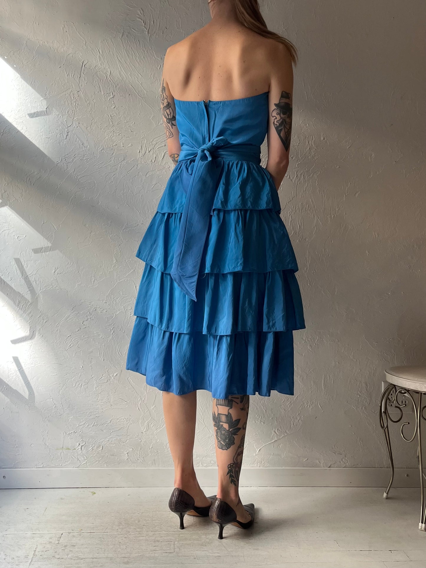 80s 'Memories' Blue Strapless Midi Dress / Small