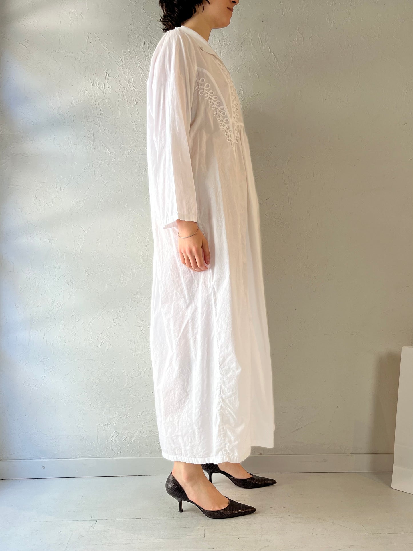 90s 'April Cornell' White Cotton Oversized Maxi Dress / Small