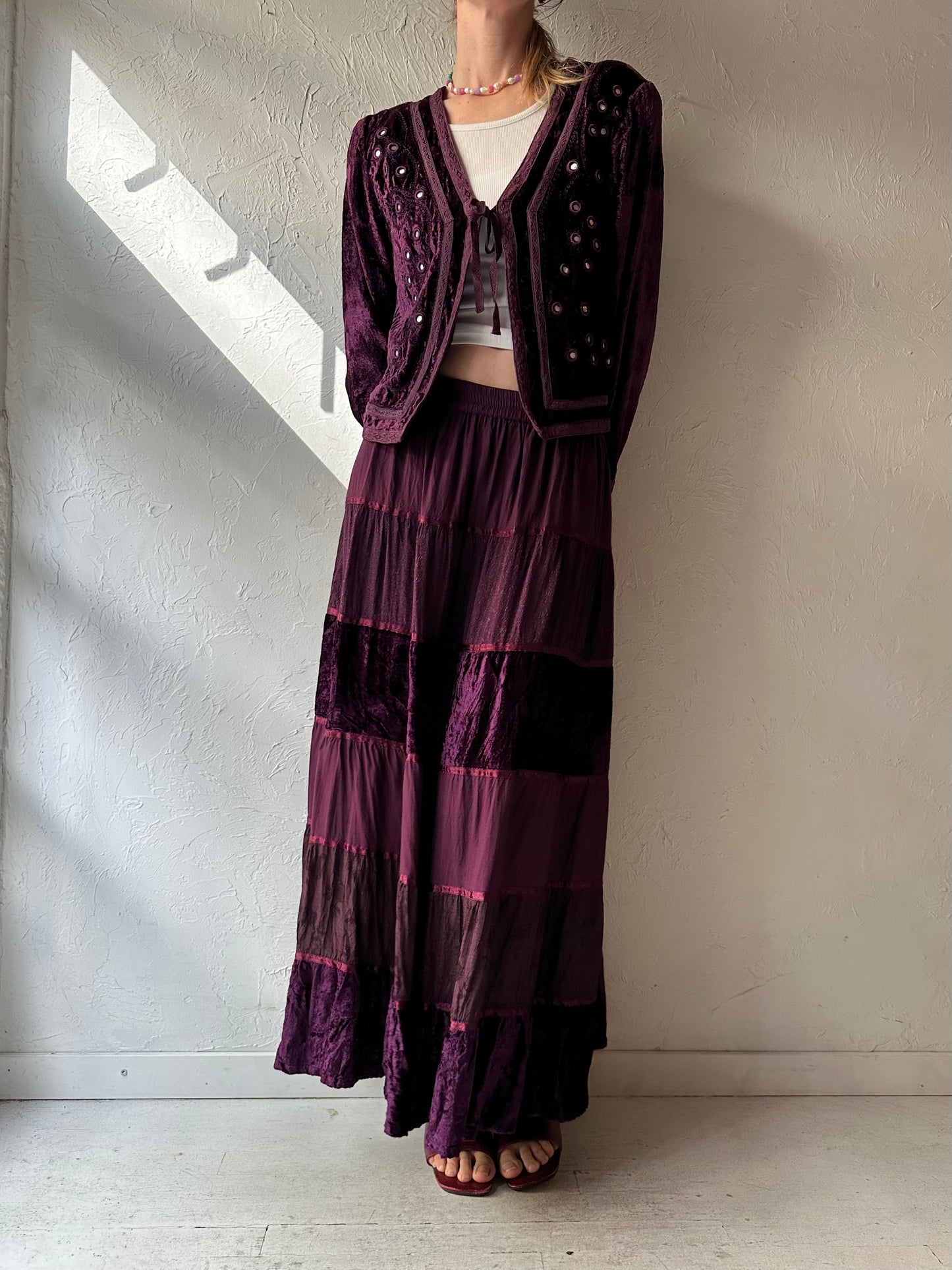 90s 'White Stag' Purple Velvet Skirt Set / Medium